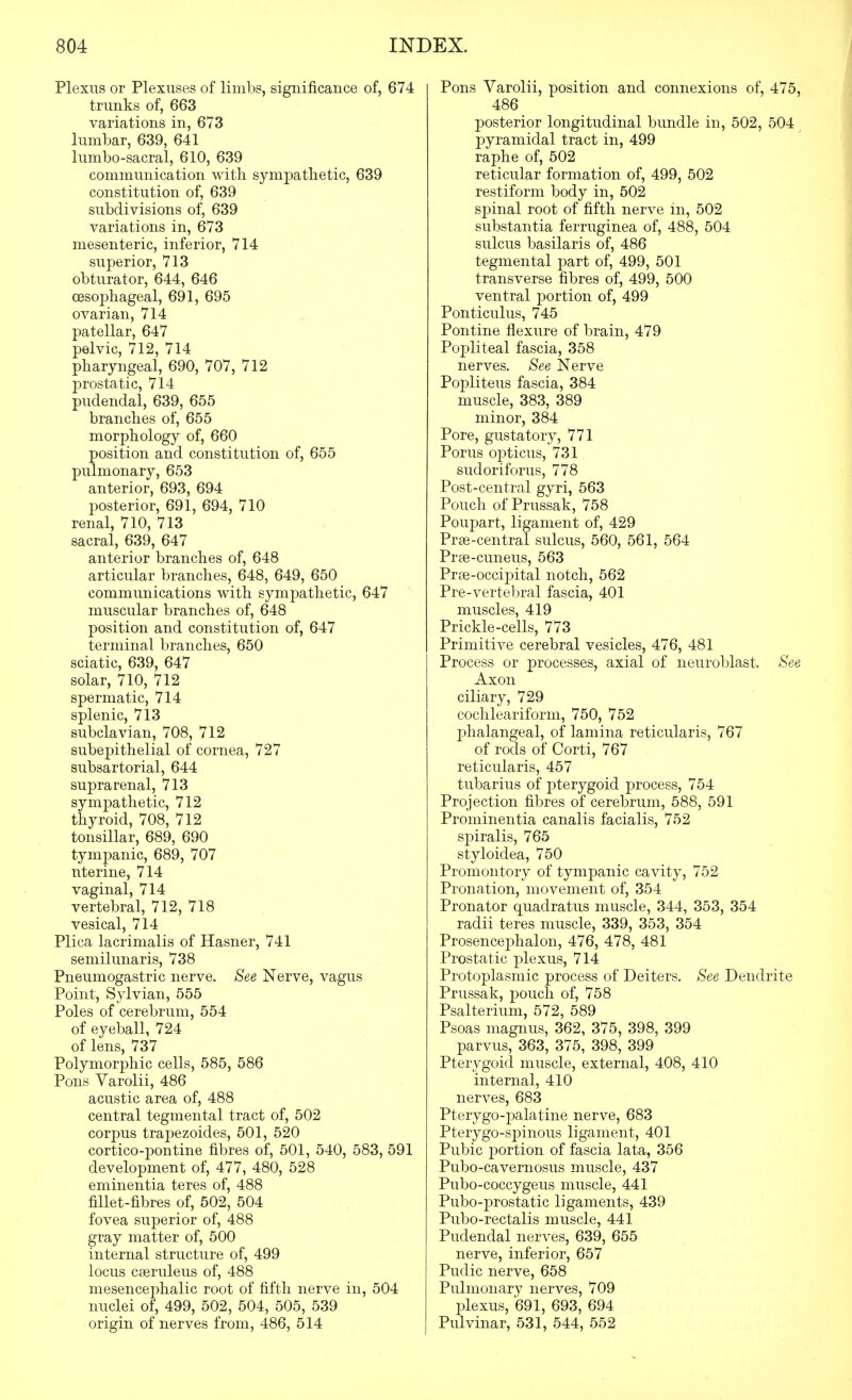 Plexus or Plexuses of limbs, significance of, 674 trunks of, 663 variations in, 673 lumbar, 639, 641 lumbo-sacral, 610, 639 commimication with sympathetic, 639 constitution of, 639 subdivisions of, 639 variations in, 673 mesenteric, inferior, 714 superior, 713 obturator, 644, 646 oesophageal, 691, 695 ovarian, 714 patellar, 647 pelvic, 712, 714 pharyngeal, 690, 707, 712 prostatic, 714 pudendal, 639, 655 branches of, 655 morphology of, 660 position and constitution of, 655 pulmonary, 653 anterior, 693, 694 posterior, 691, 694, 710 renal, 710, 713 sacral, 639, 647 anterior branches of, 648 articular branches, 648, 649, 650 communications with symj^athetic, 647 muscular branches of, 648 position and constitution of, 647 terminal branches, 650 sciatic, 639, 647 solar, 710, 712 spermatic, 714 splenic, 713 subclavian, 708, 712 subepithelial of cornea, 727 subsartorial, 644 suprarenal, 713 sympathetic, 712 thyroid, 708, 712 tonsillar, 689, 690 tympanic, 689, 707 uterine, 714 vaginal, 714 vertebral, 712, 718 vesical, 714 Plica lacrimalis of Hasner, 741 semilunaris, 738 Pneumogastric nerve. See Nerve, vagus Point, Sylvian, 555 Poles of cerebrum, 554 of eyeball, 724 of lens, 737 Polymorphic cells, 585, 586 Pons Varolii, 486 acustic area of, 488 central tegmental tract of, 502 corpus trapezoides, 501, 520 cortico-pontine fibres of, 501, 540, 583, 591 development of, 477, 480, 528 eminentia teres of, 488 fillet-fibres of, 502, 504 fovea superior of, 488 gray matter of, 500 internal structure of, 499 locus cseruleus of, 488 mesencephalic root of fifth nerve in, 504 nuclei of, 499, 502, 504, 505, 539 origin of nerves from, 486, 514 Pons Varolii, position and connexions of, 475, 486 posterior longitudinal bundle in, 502, 504 pyramidal tract in, 499 raphe of, 502 reticular formation of, 499, 502 restiform body in, 502 spinal root of fifth nerve in, 502 substantia ferruginea of, 488, 504 sulcus basilaris of, 486 tegmental part of, 499, 501 transverse fibres of, 499, 500 ventral portion of, 499 Ponticulus, 745 Pontine flexure of brain, 479 Popliteal fascia, 358 nerves. See Nerve Popliteus fascia, 384 muscle, 383, 389 minor, 384 Pore, gustatory, 771 Porus opticus, 731 sudoriforus, 778 Post-central gyri, 563 Pouch of Prussak, 758 Poupart, ligament of, 429 Prae-central sulcus, 560, 561, 564 Prse-cuneus, 563 Prce-occipital notch, 562 Pre-vertebral fascia, 401 muscles, 419 Prickle-cells, 773 Primitive cerebral vesicles, 476, 481 Process or processes, axial of neuroblast. See Axon ciliary, 729 cochleariform, 750, 752 j)halangeal, of lamina reticularis, 767 of rods of Corti, 767 reticularis, 457 tubarius of pterygoid process, 754 Projection fibres of cerebrum, 588, 591 Prominentia canalis facialis, 752 spiralis, 765 styloidea, 750 Promontory of tympanic cavity, 752 Pronation, movement of, 354 Pronator quadratus muscle, 344, 353, 354 radii teres muscle, 339, 353, 354 Prosencephalon, 476, 478, 481 Prostatic plexus, 714 Protoplasmic process of Deiters. See Dendrite Prussak, pouch of, 758 Psalterium, 572, 589 Psoas magnus, 362, 375, 398, 399 parvus, 363, 375, 398, 399 Pterygoid muscle, external, 408, 410 internal, 410 nerves, 683 Pterygo-palatine nerve, 683 Pterygo-spinous ligament, 401 Pubic portion of fascia lata, 356 Pubo-cavernosus muscle, 437 Pubo-coccygeus muscle, 441 Pubo-prostatic ligaments, 439 Pubo-rectalis muscle, 441 Pudendal nerves, 639, 655 nerve, inferior, 657 Pudic nerve, 658 Pulmonary nerves, 709 IDlexus, 691, 693, 694 Pulvinar, 531, 544, 552