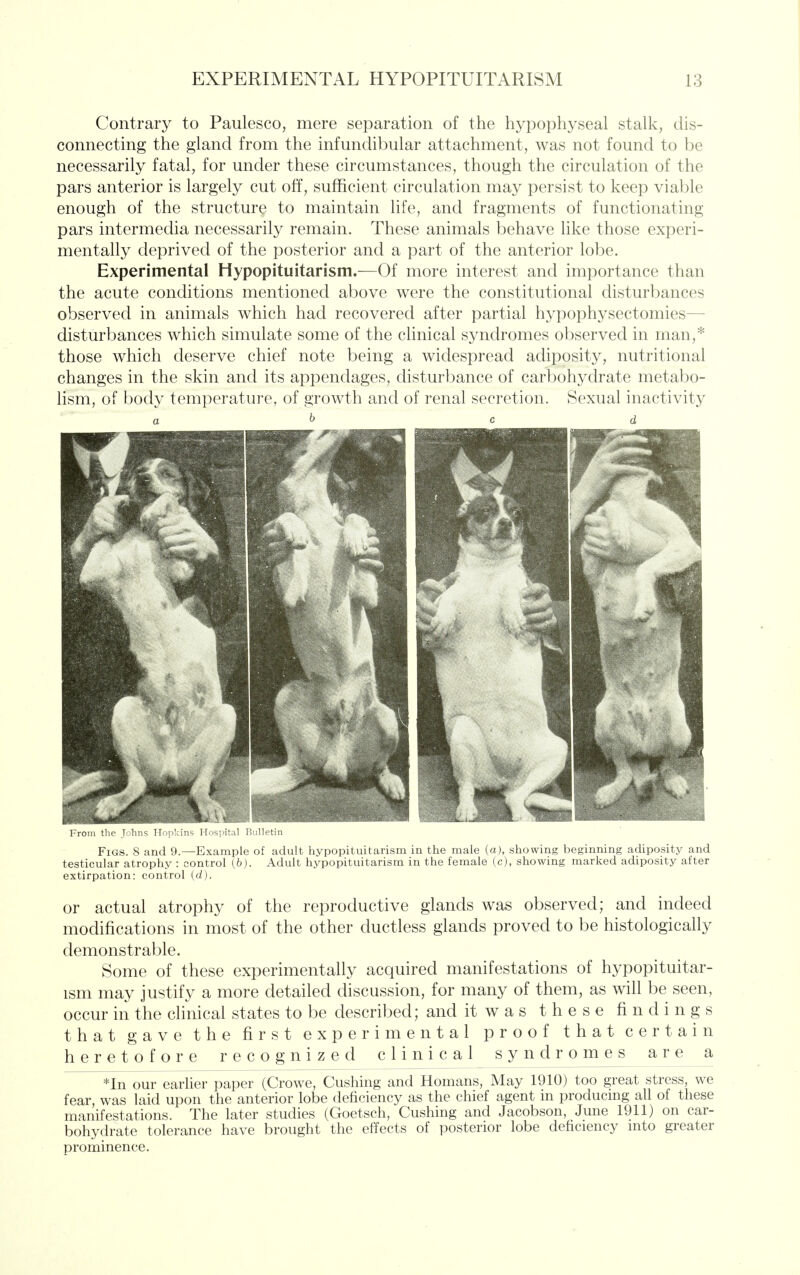 Contrary to Paulesco, mere separation of the hypophyseal stalk, dis- connecting the gland from the infundibular attachment, was not found to be necessarily fatal, for under these circumstances, though the circulation of the pars anterior is largely cut off, sufficient circulation may persist to keep viable enough of the structure to maintain life, and fragments of functionating pars intermedia necessarily remain. These animals behave like those experi- mentally deprived of the posterior and a part of the anterior lobe. Experimental Hypopituitarism.^—Of more interest and importance than the acute conditions mentioned above were the constitutional disturbances observed in animals which had recovered after partial hypophysectomies— disturbances which simulate some of the clinical syndromes observed in man,* those which deserve chief note being a widespread adiposity, nutritional changes in the skin and its appendages, disturbance of carbohydrate metabo- lism, of body temperature, of growth and of renal secretion. Sexual inactivity a ^ c d From the Johns Hopkins Hospital Bulletin Figs. 8 and 9.—Example of adult hypopituitarism in the male (a), showing beginning adiposity and testicular atrophy : control (6). Adult hypopituitarism in the female (c), showing marked adiposity after extirpation: control {d). or actual atrophy of the reproductive glands was observed; and indeed modifications in most of the other ductless glands proved to be histologically demonstrable. Some of these experimentally acquired manifestations of hypopituitar- ism may justify a more detailed discussion, for many of them, as wiU be seen, occur in the clinical states to be described; and it w a s these findings that gave the first experimental proof that certain heretofore recognized clinical syndro m e s are a *In our earlier paper (Crowe, Gushing and Homans, May 1910) too great stress, we fear, was laid upon the anterior lobe deficiency as the chief agent in producing all of these manifestations. The later studies (Goetsch, Gushing and Jacobson, June 1911) on car- bohydrate tolerance have brought the effects of posterior lobe deficiency into greater prominence.