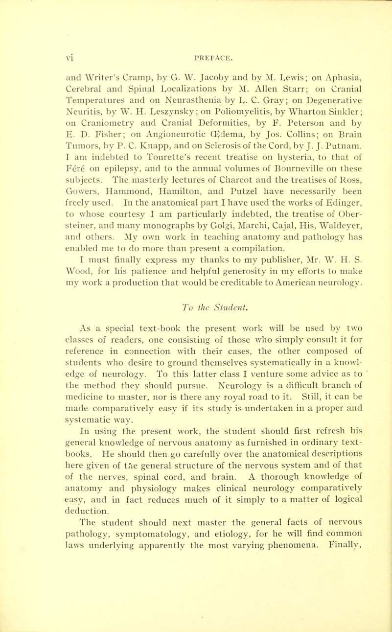 and Writer's Cramp, by G. W. Jacoby and by M. Lewis; on Aphasia, Cerebral and Spinal Localizations by M. Allen Starr; on Cranial Temperatures and on Neurasthenia by L- C. Gray; on Degenerative Neuritis, by W. H. Leszynsky; on Poliomyelitis, by Wharton Sinkler; on Craniometry and Cranial Deformities, by F. Peterson and by E. D. Fisher; on Angioneurotic CEdema, by Jos. Collins; on Brain Tumors, by P. C. Knapp, and on Sclerosis of the Cord, by J. J. Putnam. I am indebted to Tourette's recent treatise on hysteria, to that of Fere on epilepsy, and to the annual volumes of Bourneville on these subjects. The masterly lectures of Charcot and the treatises of Ross, Gowers, Hammond, Hamilton, and Putzel have necessarily been freely used. In the anatomical part I have used the works of Edinger, to whose courtesy I am particularly indebted, the treatise of Ober- steiner, and many monographs by Golgi, Marchi, Cajal, His, Waldeyer, and others. My own work in teaching anatomy and pathology has enabled me to do more than present a compilation. I must finally express my thanks to my publisher, Mr. W. H. S. Wood, for his patience and helpful generosity in my efforts to make my work a production that would be creditable to American neurology. To the Student. As a special text-book the present work will be used by two classes of readers, one consisting of those who simply consult it for reference in connection with their cases, the other composed of students who desire to ground themselves systematically in a knowl- edge of neurology. To this latter class I venture some advice as to the method they should pursue. Neurology is a difficult branch of medicine to master, nor is there any royal road to it. Still, it can be made comparatively easy if its study is undertaken in a proper and systematic way. In using the present work, the student should first refresh his general knowledge of nervous anatomy as furnished in ordinary text- books. He should then go carefully over the anatomical descriptions here given of t'ie general structure of the nervous system and of that of the nerves, spinal cord, and brain. A thorough knowledge of anatomy and physiology makes clinical neurology comparatively easy, and in fact reduces much of it simply to a matter of logical deduction. The student should next master the general facts of nervous pathology, symptomatology, and etiology, for he will find common laws underlying apparently the most varying phenomena. Finally,