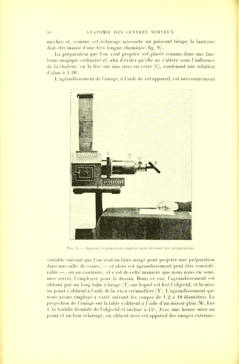 mèches et, comme cet éclairage nécessite un puissant tirage, la lanterne doit être munie d'une très longue cheminée (fig. 9). La préparation que l'on veut projeter est placée comme dans une lan- terne magique ordinaire et, afin d'éviter qu'elle ne s'altère sous rinlluence de la chaleur, on la fixe sur une cuve en verre (G), contenant une solution d'alun à 1/20°. L'agrandissement de l'image, à l'aide de cet appareil, est nécessairement Fig. 9. — Appareil ;ï projection employé pour dessiner nos préparations. variable suivant que l'on veut en faire usage pour projeter une préparation dans une salle de cours, — et alors cet agrandissement peut être considé- rable —, ou au contraire, et c'est de cette manière que nous nous en som- mes servis, l'employer pour le dessin. Dans ce cas, l'agrandissement est obtenu par un long tube à tirage (T) sur lequel est fixé l'objectif, et la mise au point s'obtient à l'aide de la vis à crémaillère (V). L'agrandissement (pie nous avons employé a varié suivant les coupes de 1/2 à 10 diamètres. La projection de l'image sur la table s'obtient à l'aide d'un miroir plan (M), fixé à la lentille frontale de l'objectif et incliné à 45. Avec une bonne mise au point et un bon éclairage, on obtient avec cet appareil des images extrême-