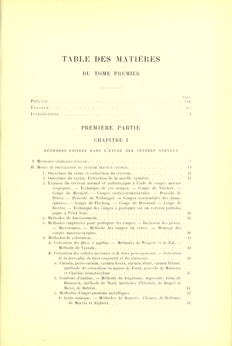 TABLE DES MATIÈRES DU TOME PREMIER Pages. Préface vin Erratum xi i Introduction 1 , PREMIERE PARTIE CHAPITRE I MÉTHODES USITÉES DANS L'ÉTUDE DES CENTRES NERVEUX I. Méthodes générales d'étude 7 II. Modes de préparation du système nerveux central 13 1. Ouverture du crâne et extraction du cerveau 13 2. Ouverture du rachis. Extraction de la moelle épinière 15 3. Examen du cerveau normal et pathologique à l'aide de coupes macro- scopiques. — Technique de ces coupes. — Coupe de Virchow. — Coupe de Meynert. — Coupes vertico-transversales. — Procédé de Pitres. — Procédé de Nothnagel. — Coupes horizontales des hémi- sphères. — Coupe de Flechsig. — Coupe de Brissaud. — Coupe de Bicètre. — Technique des coupes à pratiquer sur un cerveau patholo- gique à l'état frais 16 4. Méthodes de durcissement 24 5. Méthodes employées pour pratiquer les coupes. — Inclusion des pièces. — Microtomes. — Méthode des coupes en séries. — Montage des coupes macroscopiques 26 6. Méthodes de coloration 32 A. Coloration des fibres à myéline. ■— Méthodes de Weigert et île Pal. — Méthode de Vassale 32 B. Coloration des cellules nerveuses et de leurs prolongements. — Coloration de la névroglie, du tissu conjonctif et des vaisseaux 3<> a. Carmin, picro-carmin, carmin-borax, carmin aluné, carmin lithiné, méthode de coloration en masse de Forel. procédé de Malassez et Chaslin, hématoxyline 37 6. Couleurs d'aniline. — Méthode de Jelgersma, nigrosine, brun de Bismarck, méthode de Nissl, méthodes d'Ehrlich, de Dogiel et Riese, de Retzius 41 c. Méthodes d'imprégnations métalliques 42 1° Acide osmique. — Méthodes de Ranvier, d'Exner, de IBellonci, de Marchi et Alshieri 42