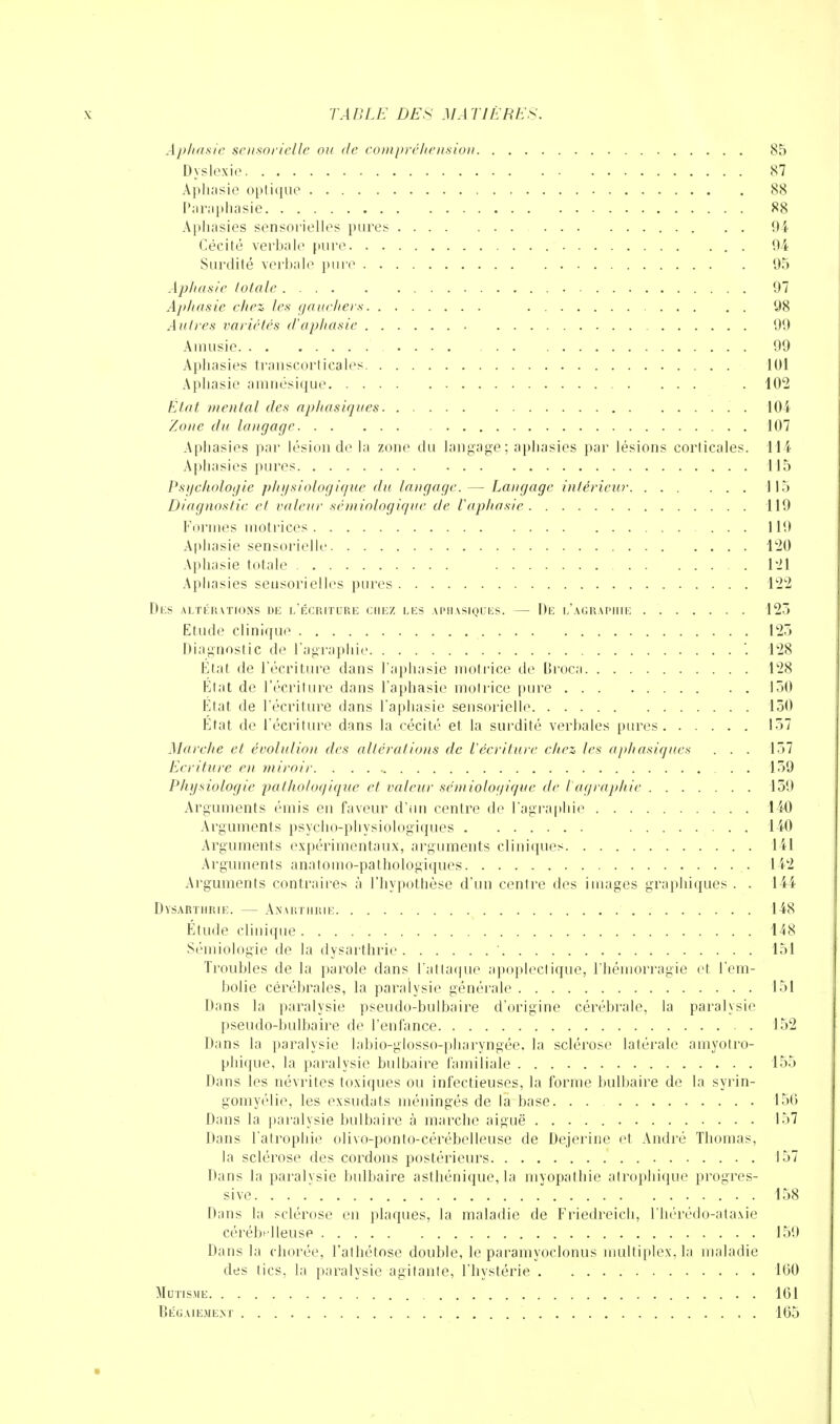 Aphasie sensorielle ou de compréhension 85 Dyslexie 87 Aphasie optique 88 Paraphasie 88 Aphasies sensorielles pures . . 94 Cécité verbale pure 94 Surdité verbale pure 95 Aphasie totale 97 Aphasie chez les gauchers 98 Autres variétés d'aphasie 99 Amusie .... 99 Aphasies transcorticales 101 Aphasie amnésique . 102 Etat mental des aphasiques 104 Zone du langage 107 Aphasies par lésion de la zone du langage; aphasies par lésions corticales. 114 Aphasies pures 115 Psychologie physiologique du langage. — Langage intérieur 115 Diagnostic et valeur sèmiologique de l'aphasie 119 Formes motrices 119 Aphasie sensorielle 120 Aphasie totale 121 Aphasies seusorielles pures 122 Des altérations de l'écriture chez les aphasiques. — De l'agraphie 125 Etude clinique 125 Diagnostic de l'agraphie '. 128 Etat de l'écriture dans l'aphasie motrice de Broca 128 État de l'écriture dans l'aphasie motrice pure 150 État de l'écriture dans l'aphasie sensorielle 150 État de l'écriture dans la cécité et la surdité verbales pures 157 Marche et évolulion des altérât ions de l'écriture chez les aphasiques ... 157 Ecriture en miroir . . 159 Physiologie pathologique et valeur sèmiologique de l'agraphie 159 Arguments émis en faveur d'un centre de l'agraphie 140 Arguments psycho-physiologiques 140 Arguments expérimentaux, arguments cliniques 141 Arguments anatomo-pathologiques 142 Arguments contraires à l'hypothèse d'un centre des images graphiques . . 144 Dysarthrie. — Anarthrie 148 Étude clinique 148 Sémiologie de la dysarthrie ' 151 Troubles de la parole dans l'attaque apoplectique, l'hémorragie et l'em- bolie cérébrales, la paralysie générale 151 Dans la paralysie pseudo-bulbaire d'origine cérébrale, la paralysie pseudo-bulbaire de l'enfance 152 Dans la paralysie labio-glosso-pharyngée. la sclérose latérale amyotro- phique, la paralysie bulbaire familiale 155 Dans les névrites toxiques ou infectieuses, la forme bulbaire de la syrin- gomyélie, les exsudats méningés de la base. . . 150 Dans la paralysie bulbaire à marche aiguë 157 Dans l'atrophie olivo-ponto-cérébelleuse de Dejerine et André Thomas, la sclérose des cordons postérieurs 157 Dans la paralysie bulbaire asthénique, la myopathie atrophique progres- sive. ... 158 Dans la sclérose en plaques, la maladie de Friedreich, l'hérédo-ataxie cérébelleuse 159 Dans la chorée, l'athétose double, le paramyoclonus multiplex, la maladie des tics, la paralysie agitante, l'hystérie 100 Mutisme 101 Bégaiemext 105