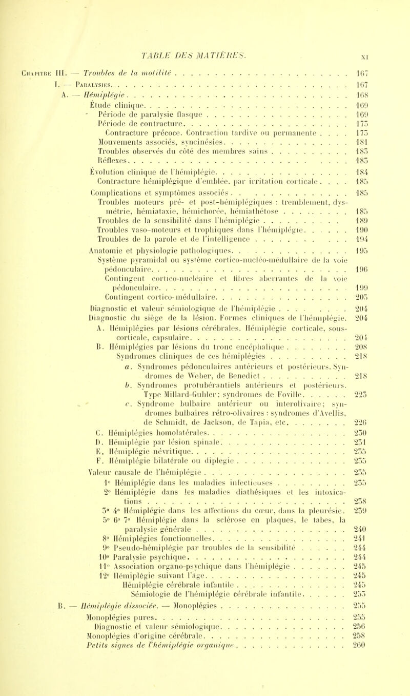 Chapitre III. — Troubles de la motilitè 167 I. — Paralysies . 167 A. — Hémiplégie 168 Étude clinique 160 Période de paralysie flasque 169 Période de contracture 175 Contracture précoce. Contraction tardive ou permanente .... 17, Mouvements associés, syncinésies 181 Troubles observés du côté des membres sains 185 Réflexes 185 Evolution clinique de l'hémiplégie 184 Contracture hémiplégique d'emblée, par irritation corticale . . . . 185 Complications et symptômes associés 185 Troubles moteurs pré- et post-hémiplégiques : tremblement, dys- métrie, hémiataxie, hémicborée, hémiatbétose 185 Troubles de la sensibilité dans l'hémiplégie 189 Troubles vaso-moteurs et tropbiques dans l'hémiplégie 190 Troubles de la parole et de l'intelligence 104 Anatomie et physiologie pathologiques 195 Système pyramidal ou système cortico-nucléo-médullaire de la voie pédonculaire 106 Contingent cnrlico-nucléaire et libres aberrantes de la voie pédonculaire 100 Contingent cortico-médullaire 205 Diagnostic et valeur sémiologique de l'hémiplégie .... .... 204 Diagnostic du siège de la lésion. Formes cliniques de l'hémiplégie. 204 A. Hémiplégies par lésions cérébrales. Hémiplégie corticale, sous- corticale, capsulaire 204 B. Hémiplégies par lésions du tronc encéphalique 208 Syndromes cliniques de ces hémiplégies 218 a. Syndromes pédonculaires antérieurs et postérieurs. Syn- dromes de Weber, de Benedict 2IN b. Syndromes protubérantiels antérieurs et postérieurs. Type Millard-Guhler ; syndromes de Foville 225 c. Syndrome bulbaire antérieur ou interolivaire ; syn- dromes bulbaires rétro-olivaires : syndromes d'Avellis, de Schinidt, de Jackson, de Tapia, etc 226 C. Hémiplégies homolatérales 250 D. Hémiplégie par lésion spinale 251 E. Hémiplégie névritique. zoo F. Hémiplégie bilatérale ou diplégie 255 Valeur causale de l'hémiplégie 255 1° Hémiplégie dans les maladies infectieuses 255 2° Hémiplégie dans les maladies diathésiques et les intoxica- tions • 258 5° 4° Hémiplégie dans les affections du cœur, dans la pleurésie. 259 5° 6° 7° Hémiplégie dans la sclérose en plaques, le tabès, la paralysie générale 240 8° Hémiplégies fonctionnelles 241 9° Pseudo-hémiplégie par troubles de la sensibilité 244 10° Paralysie psychique 244 11 Association organo-psychique dans l'hémiplégie 245 12° Hémiplégie suivant l'âge 245 Hémiplégie cérébrale infantile 245 Sémiologie de l'hémiplégie cérébrale infantile 255 B. — Hémiplégie dissociée. — Monoplégies 255 Monoplégies pures 255 Diagnostic et valeur sémiologique 256 Monoplégies d'origine cérébrale 258 Petits signes de l'hémiplégie organique 260