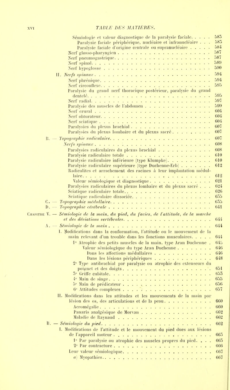 Sémiologie et valeur diagnostique de la paralysie faciale 585 Paralysie faciale périphérique, nucléaire et infranucléaire . . . 585 Paralysie faciale d'origine centrale ou supranucléaire 584 Nerf glosso-pharyngien 587 Nerf pneumogastrique 587 Nerf spinal 580 Nerf hypoglosse . . 590 II. Nerfs spinaux 594 Nerf phrénique 594 Nerf circonflexe 595 Paralysie du grand nerf thoracique postérieur, paralysie du grand dentelé 595 Nerf radial 597 Paralysie des muscles de l'abdomen 599 Nerf crural 604 Nerf obturateur 604 Nerf scia tique 604 Paralysies du plexus brachial 607 Paralysies du plexus lombaire et du plexus sacré 607 C. — Topographie radiculaire 607 Nerfs spinaux 608 Paralysies radiculaires du plexus brachial 00X Paralysie radiculaire totale 610 Paralysie radiculaire inférieure (type Klumpke) 610 Paralysie radiculaire supérieure (type Duchenne-Erb) 612 Radiculit.es et arrachement des racines à leur implantation médul- laire 612 Valeur sémiologique et diagnostique 621 Paralysies radiculaires du plexus lombaire et du plexus sacré . . . 624 Sciatique radiculaire totale 626 Sciatique radiculaire dissociée 655 C. — Topographie médullaire 655 D. — Topographie cérébrale 641 Chapitre V. — Sémiologie de la main, du pied, du faciès, de l'altitude, de la marche et des déviations vertébrales 644 A. — Sémiologie de la main 644 I. Modifications dans la conformation, l'attitude ou le mouvement de la main relevant d'un trouble dans les fonctions musculaires 644 1° Atrophie des petits muscles de la main, type Aran Duchenne . 645 Valeur sémiologique du type Aran Duchenne 646 Dans les affections médullaires 646 Dans les lésions périphériques 648 2° Type antibrachial par paralysie ou atrophie des extenseurs du poignet et des doigts 651 5° Griffe cubitale 653 4° Main de singe 655 5° Main de prédicateur 656 6° Attitudes complexes 657 II. Modifications dans les attitudes et les mouvements de la main par lésion des os, des articulations et de la peau 660 Acromégalie 660 Panaris analgésique de Morvan 662 Maladie de Raynaud 662 B. — Sémiologie du pied 662 I. Modifications de l'attitude et le mouvement du pied dues aux lésions de l'appareil moteur 665 1° Par paralysie ou atrophie des muscles propres du pied. . . . 665 2° Par contracture 666 Leur valeur sémiologique 667 a) Myopathies 667