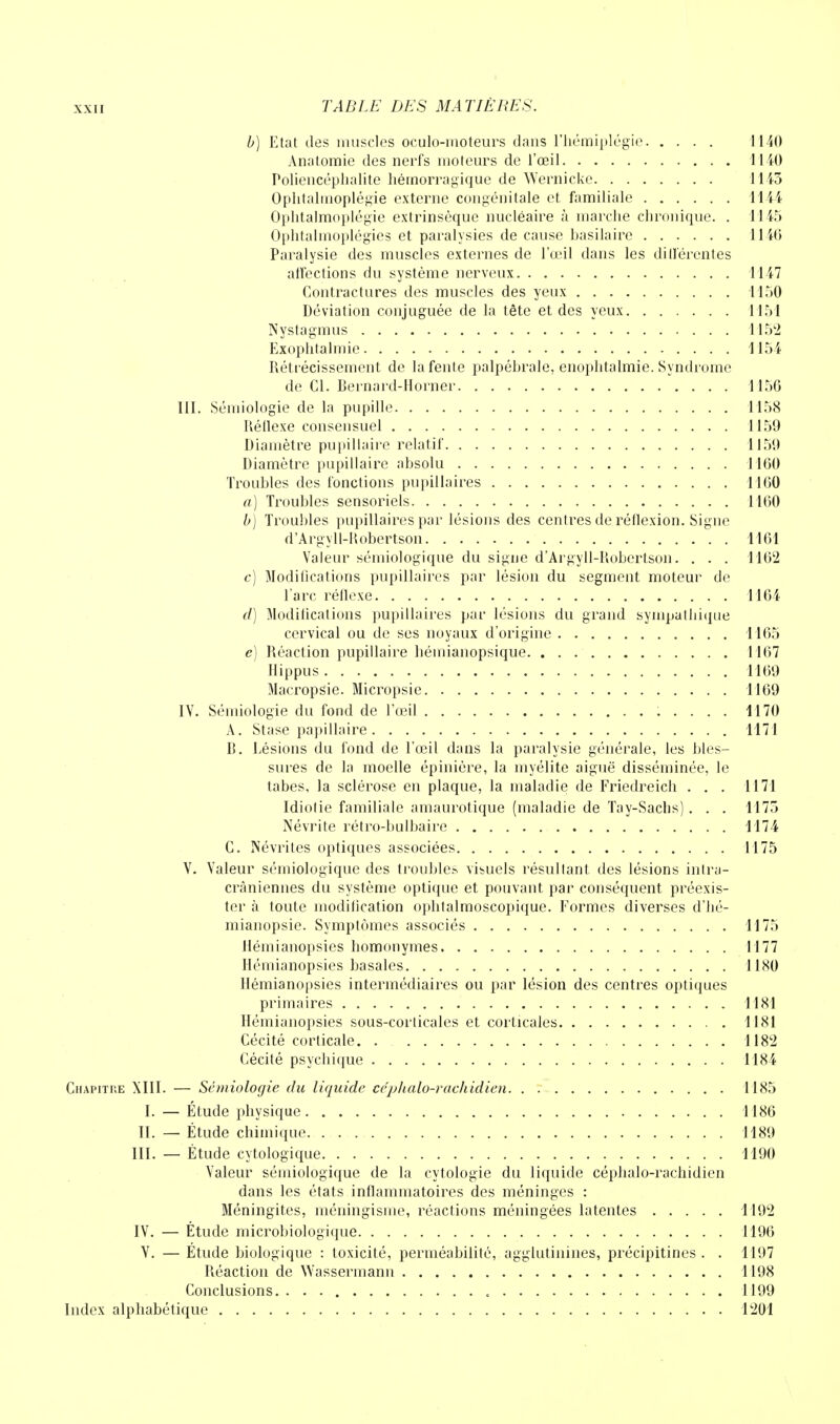 b) Etat des muscles oculo-moteurs dans l'hémiplégie 1140 Anatomie des nerfs moteurs de l'œil 1140 Poliencéphalite hémorragique de Wernicke 1143 Ophtalmoplégie externe congénitale et familiale 1144 Ophtalmoplégie extrinsèque nucléaire à marche chronique. . 1145 Ophtalmoplégies et paralysies de cause basilairc 1146 Paralysie des muscles externes de l'œil dans les différentes affections du système nerveux 1147 Contractures des muscles des yeux 1150 Déviation conjuguée de la tête et des yeux 1151 Nystagmus 1152 Exophtalmie 1154 Rétrécissement de la fente palpébrale, enophtalmie. Syndrome de Cl. Bernard-Horner \ . . . 1150 III. Sémiologie de la pupille 1158 Réflexe consensuel 1159 Diamètre pupillaire relatif 1159 Diamètre pupillaire absolu 1100 Troubles des fonctions pupillaires 1100 a) Troubles sensoriels 1100 b) Troubles pupillaires par lésions des centres de réflexion. Signe d'Argyll-Robertson 1101 Valeur sémiologique du signe d'Argyll-Robertson. . . . 1102 c) Modifications pupillaires par lésion du segment moteur de l'arc réflexe 1104 d) Modifications pupillaires par lésions du grand sympathique cervical ou de ses noyaux d'origine 1105 e) Réaction pupillaire hémianopsique 1107 Hippus 1169 Macropsie. Micropsie 1109 IV. Sémiologie du fond de l'œil 1170 A. Stase papillaire 1171 B. Lésions du fond de l'œil dans la paralysie générale, les bles- sures de la moelle épinière, la myélite aiguë disséminée, le tabès, la sclérose en plaque, la maladie de Friedreich . . . 1171 Idiotie familiale amaurotique (maladie de Tay-Sachs) . . . 1175 Névrite rétro-bulbaire 1174 C. Névrites optiques associées 1175 V. Valeur sémiologique des troubles visuels résultant des lésions intra- cràniennes du système optique et pouvant par conséquent préexis- ter à toute modification ophtalmoscopique. Formes diverses d'hé- mianopsie. Symptômes associés 1175 Hémianopsies homonymes 1177 Hémianopsies basales 1180 Hémianopsies intermédiaires ou par lésion des centres optiques primaires 1181 Hémianopsies sous-corticales et corticales 1181 Cécité corticale 1182 Cécité psychique 1184 Chapitre XIII. — Sémiologie du liquide céphalo-rachidien 1185 I. — Étude physique 1180 II. — Étude chimique 1189 III. — Étude cytologique 1190 Valeur sémiologique de la cytologie du liquide céphalo-rachidien dans les états inflammatoires des méninges : Méningites, méningisme, réactions méningées latentes 1192 IV. — Étude microbiologique 1190 V. — Étude biologique : toxicité, perméabilité, agglutinines, précipitines . . 1197 Réaction de Wassermann 1198 Conclusions. 1199 Index alphabétique 1201