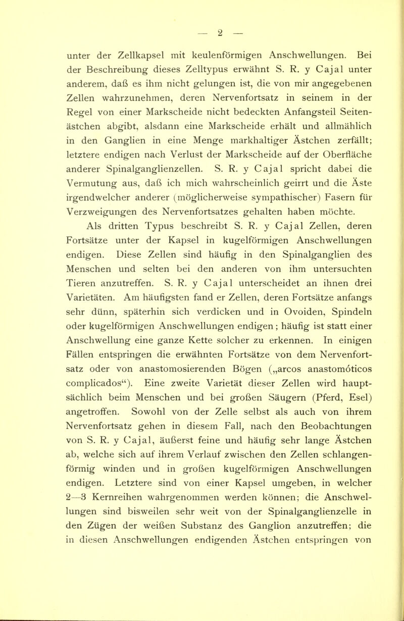 unter der Zellkapsel mit keulenformigen Anschwellungen. Bei der Beschreibung dieses Zelltypus erwahnt S. R. y Cajal unter anderem, dafi es ihm nicht gelungen ist, die von mir angegebenen Zellen wahrzunehmen, deren Nervenfortsatz in seinem in der Kegel von einer Markscheide nicht bedeckten Anfangsteil Seiten- astchen abgibt, alsdann eine Markscheide erhalt und allmahUch in den GangKen in eine Menge markhahiger Astchen zerfallt; letztere endigen nach Verlust der Markscheide auf der Oberflache anderer Spinalganghenzellen. S. R. y Cajal spricht dabei die Vermutung aus, daft ich mich wahrscheinlich geirrt und die Aste irgendwelcher anderer (moglicherweise sympathischer) Fasern fur Verzweigungen des Nervenfortsatzes gehalten haben mochte. Als dritten Typus beschreibt S. R. y Cajal Zellen, deren Fortsatze unter der Kapsel in kugelformigen Anschwellungen endigen. Diese Zellen sind haufig in den Spinalganglien des Menschen und selten bei den anderen von ihm untersuchten Tieren anzutreffen. S. R. y Cajal unterscheidet an ihnen drei Varietaten. Am haufigsten fand er Zellen, deren Fortsatze anfangs sehr diinn, spaterhin sich verdicken und in Ovoiden, Spindeln oder kugelformigen Anschwellungen endigen; haufig ist statt einer Anschwellung eine ganze Kette solcher zu erkennen. In einigen Fallen entspringen die erwahnten Fortsatze von dem Nervenfort- satz oder von anastomosierenden Bogen („arcos anastomoticos complicados). Eine zweite Varietat dieser Zellen wird haupt- sachlich beim Menschen und bei groften Saugern (Pferd, Esel) angetroffen. Sowohl von der Zelle selbst als auch von ihrem Nervenfortsatz gehen in diesem Fall^ nach den Beobachtungen von S. R. y Cajal, aufterst feine und haufig sehr lange Astchen ab, welche sich auf ihrem Verlauf zwischen den Zellen schlangen- formig winden und in groften kugelformigen Anschwellungen endigen. Letztere sind von einer Kapsel umgeben, in welcher 2—3 Kernreihen wahrgenommen werden konnen; die Anschwel- lungen sind bisweilen sehr weit von der Spinalganglienzelle in den Ziigen der weiften Substanz des Ganglion anzutreffen; die in diesen Anschwellungen endigenden Astchen entspringen von