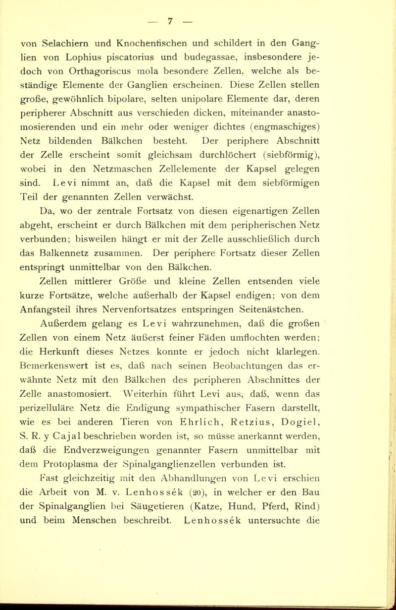 von Selachiern und Knochentischen und schildert in den Gang- lien von Lophius piscatorius und budegassae, insbesondere je- doch von Orthagoriscus mola besondere Zellen. welche als be- standige Elemente der Ganglien erscheinen. Diese Zellen stellen grofte, gewohnlich bipolare, selten unipolare Elemente dar, deren peripherer Abschnitt aus verschieden dicken, miteinander anasto- mosierenden und ein mehr oder weniger dichtes (engmaschiges) Netz bildenden Balkchen besteht. Der periphere Abschnitt der Zelle erscheint somit gleichsam durchlochert (siebformig), wobei in den Netzmaschen Zellelemente der Kapsel gelegen sind. Levi nimmt an, daft die Kapsel mit dem siebformigen Teil der genannten Zellen verwachst. Da, wo der zentrale Fortsatz von diesen eigenartigen Zellen abgeht, erscheint er durch Balkchen mit dem peripherischen Netz verbunden; bisweilen hangt er mit der Zelle ausschlieftlich durch das Balkennetz zusammen. Der periphere Fortsatz dieser Zellen entspringt unmittelbar von den Balkchen. Zellen mittlerer Grofte und kleine Zellen entsenden viele kurze Fortsatze, welche aufterhalb der Kapsel endigen; von dem Anfangsteil ihres Nervenfortsatzes entspringen Seitenastchen. Aufterdem gelang es Levi wahrzunehmen, daft die groften Zellen von einem Netz aufterst feiner Faden umflochten werden; die Herkunft dieses Netzes konnte er jedoch nicht klarlegen. Bemerkenswert ist es, daft nach seinen Beobachtungen das er- wahnte Netz mit den Balkchen des peripheren Abschnittes der Zelle anastomosiert. Weiterhin fuhrt Levi aus, daft, wenn das perizellulare Netz die Endigung sympathischer Fasern darstellt, wie es bei anderen Tieren von Ehrlich, Retzius, Dogiel, S. R. y Cajal beschrieben worden ist, so miisse anerkannt werden, daft die Endverzweigungen genannter Fasern unmittelbar mit dem Protoplasma der Spinalganglienzellen verbunden ist. Fast gleichzeitig mit den Abhandlungen von Levi erschien die Arbeit von M. v. Lenhossek (20), in welcher er den Bau der Spinalganglien bei Saugetieren (Katze, Hund, Pferd, Rind) und beim Menschen beschreibt. Lenhossek untersuchte die