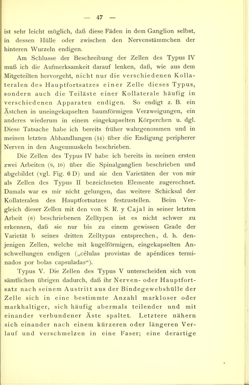 ist sehr leicht moglich, daf^ diese Faden in dem Ganglion selbst, in dessen Hiille oder zwischen den Nervenstammchen der hinteren Wurzeln endigen. Am Schlusse der Beschreibung der Zellen des Typus IV muft ich die Aufmerksamkeit darauf lenken, daft, wie aus dem Mitgeteilten hervorgeht, nicht nur die verschiedenen Kolla- teralen des Hauptfortsatzes einer Zelle dieses Typus, sondern auch die Teilaste einer Kollaterale haufig in verschiedenen Apparaten endigen. So endigt z. B. ein Astchen in uneingekapselten baumformigen Verzweigungen, ein anderes wiederum in einem eingekapselten Korperchen u. dgl. Diese Tatsache habe ich bereits friiher wahrgenommen und in meinen letzten Abhandlungen (l4) iiber die Endigung peripherer Nerven in den Augenmuskeln beschrieben. Die Zellen des Typus IV habe ich bereits in meinen ersten zwei Arbeiten (9, lo) iiber die Spinalganglien beschrieben und abgebildet (vgl. Fig. 6 D) und sie den Varietaten der von mir als Zellen des Typus II bezeichneten Elemente zugerechnet. Damals war es mir nicht gelungen, das weitere Schicksal der Kollateralen des Hauptfortsatzes festzustellen. Beim Ver- gleich dieser Zellen mit den von S. R. y Cajal in seiner letzten Arbeit (6) beschriebenen Zelltypen ist es nicht schwer zu erkennen, dafi sie nur bis zu einem gewissen Grade der Varietat b seines dritten Zelltypus entsprechen, d. h. den- jenigen Zellen, welche mit kugelformigen, eingekapselten An- schwellungen endigen („celulas provistas de apendices termi- nados por bolas capsuladas). Typus V. Die Zellen des Typus V unterscheiden sich von samtlichen iibrigen dadurch, daft ihr Nerven- oder Hauptfort- satz nach seinem Austritt aus der Bindegewebshiille der Zelle sich in eine bestimmte Anzahl markloser oder markhaltiger, sich haufig abermals teilender und mit einander verbundener Aste spaltet. Letztere nahern sich einander nach einem kiirzeren oder langeren Ver- lauf und verschmelzen in eine Faser; eine derartige