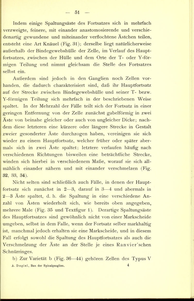 Indem einige Spaltungsaste des Fortsatzes sich in mehrfach verzweigte, feinere, mit einander anastomosierende und verschie- denartig gewundene und miteinander verflochtene Astchen teilen, entsteht eine Art Knauel (Fig. 31); derselbe liegt natiirlicherweise aufterhalb der Bindegewebshiille der Zelle, im Verlauf des Haupt- fortsatzes, zwischen der Hiille und dem Orte der T- oder Y-for- migen Teilung und nimmt gleichsam die Stelle des Fortsatzes selbst ein. Aufierdem sind jedoch in den Ganglien noch Zellen vor- handen, die dadurch charakterisiert sind, dafi ihr Hauptfortsatz auf der Strecke zwischen Bindegewebshiille und seiner T- bezw. Y-formigen Teilung sich mehrfach in der beschriebenen Weise spaltet. In der Mehrzahl der Falle teilt sich der Fortsatz in einer geringen Entfernung von der Zelle zunachst gabelformig in zwei Aste von beinahe gleicher oder auch von ungleicher Dicke; nach- dem diese letzteren eine kiirzere oder langere Strecke in Gestalt zweier gesonderter Aste durchzogen haben, vereinigen sie sich wieder zu einem Hauptfortsatz, welcher friiher oder spater aber- mals sich in zwei Aste spaltet; letztere verlaufen haufig nach verschiedenen Richtungen bisweilen eine betrachtliche Strecke, winden sich hierbei in verschiedenem Mafie, worauf sie sich all- mahlich einander nahern und mit einander verschmelzen (Fig. 32, 33, 34). Nicht selten sind schlieftlich auch Falle, in denen der Haupt- fortsatz sich zunachst in 2—3, darauf in 3—4 und abermals in 2—3 Aste spaltet, d. h. die Spaltung in eine verschiedene An- zahl von Asten wiederholt sich, wie bereits oben angegeben^ mehrere Male (Fig. 35 und Textfigur 1). Derartige Spaltungsaste des Hauptfortsatzes sind gewohnlich nicht von einer Markscheide umgeben, selbst in dem Falle, wenn der Fortsatz selber markhaltig ist, manchmal jedoch erhalten sie eine Markscheide, und in diesem Fall erfolgt sowohl die Spaltung des Hauptfortsatzes als auch die Verschmelzung der Aste an der Stelle je eines Ranvier'schen Schniirringes. b) Zur Varietat b (Fig. 36—44) gehoren Zellen des Typus V A. Dogiel, Bau der Spinalganglien. 4