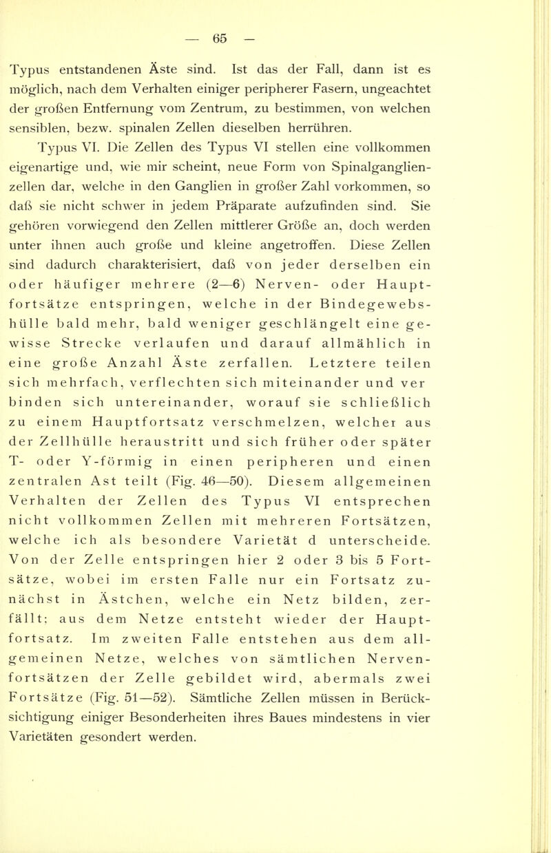 Typus entstandenen Aste sind. 1st das der Fall, dann ist es moglich, nach dem Verhalten einiger peripherer Fasern, ungeachtet der groften Entfernung vom Zentrum, zu bestimmen, von welchen sensiblen, bezw. spinalen Zellen dieselben herriihren. Typus VI. Die Zellen des Typus VI stellen eine vollkommen eigenartige und, wie mir scheint, neue Form von Spinalganglien- zellen dar, welche in den Ganglien in grofter Zahl vorkommen, so daft sie nicht schwer in jedem Praparate aufzufinden sind. Sie gehoren vorwiegend den Zellen mittlerer Grofte an, doch werden unter ihnen auch grofte und kleine angetroffen. Diese Zellen sind dadurch charakterisiert, daft von jeder derselben ein oder haufiger mehrere (2—6) Nerven- oder Haupt- fortsatze entspringen, welche in der Bindegewebs- hiille bald mehr, bald weniger geschlangelt eine ge- wisse Strecke verlaufen und darauf allmahlich in eine grofte Anzahl Aste zerfallen. Letztere teilen sich mehrfach, verflechten sich miteinander und ver binden sich untereinander, worauf sie schlieftlich zu einem Hauptfortsatz verschmelzen, welcher aus der Zellhiille heraustritt und sich friiher oder spater T- oder Y-formig in einen peripheren und einen zentralen Ast teilt (Fig. 46—50). Diesem allgemeinen Verhalten der Zellen des Typus VI entsprechen nicht vollkommen Zellen mit mehreren Fortsatzen, welche ich als besondere Varietat d unterscheide. Von der Zelle entspringen hier 2 oder 3 bis 5 Fort- satze, wobei im ersten Falle nur ein Fortsatz zu- nachst in Astchen, welche ein Netz bilden, zer- fallt; aus dem Netze entsteht wieder der Haupt- fortsatz. Im zweiten Falle entstehen aus dem all- gemeinen Netze, welches von samtlichen Nerven- fortsatzen der Zelle gebildet wird, abermals zwei Fortsatze (Fig. 51—52). SamtHche Zellen miissen in Beriick- sichtigung einiger Besonderheiten ihres Baues mindestens in vier Varietaten gesondert werden.