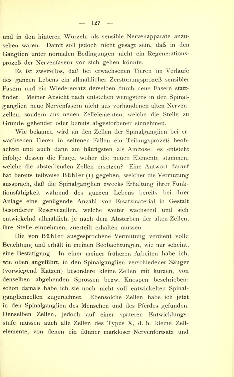 und in den hinteren Wurzeln als sensible Nervenapparate anzu- sehen waren. Damit soli jedoch nicht gesagt sein, dafi in den Ganglien unter normalen Bedingungen nicht ein Regenerations- prozeft der Nervenfasern vor sich gehen konnte. Es ist zweifellos, daft bei erwachsenen Tieren im Verlaufe des ganzen Lebens ein allmahlicher Zerstorungsprozeft sensibler Fasern und ein Wiederersatz derselben durch neue Fasern statt- findet. Meiner Ansicht nach entstehen wenigstens in den Spinal- ganglien neue Nervenfasern nicht aus vorhandenen alten Nerven- zellen, sondern aus neuen Zellelementen, welche die Stelle zu Grunde gehender oder bereits abgestorbener einnehmen. Wie bekannt, wird an den Zellen der Spinalganglien bei er- wachsenen Tieren in seltenen Fallen ein Teilungsprozeft beob- achtet und auch dann am haufigsten als x\mitose; es entsteht infolge dessen die Frage, woher die neuen Elemente stammen, welche die absterbenden Zellen ersetzen? Eine Antwort darauf hat bereits teilweise Buhler(l) gegeben, welcher die Vermutung aussprach, daft die Spinalganglien zwecks Erhaltung ihrer Funk- tionsfahigkeit wahrend des ganzen Lebens bereits bei ihrer Anlage eine geniigende Anzahl von Ersatzmaterial in Gestalt besonderer Reservezellen, welche weiter wachsend und sich entwickelnd allmahlich, je nach dem Absterben der alten Zellen, ihre Stelle einnehmen, zuerteilt erhalten miissen. Die von Buhler ausgesprochene Vermutung verdient voile Beachtung und erhalt in meinen Beobachtungen, wie mir scheint, eine Bestatigung. In einer meiner friiheren Arbeiten habe ich, wie oben angefiihrt, in den Spinalganglien verschiedener Sanger (vorwiegend Katzen) besondere kleine Zellen mit kurzen, von denselben abgehenden Sprossen bezw. Knospen beschrieben; schon damals habe ich sie noch nicht voU entwickelten Spinal- ganglien zellen zugerechnet. Ebensolche Zellen habe ich jetzt in den Spinalganglien des Menschen und des Pferdes gefunden. Denselben Zellen, jedoch auf einer spateren Entwicklungs- stufe mussen auch alle Zellen des Typus X, d. h. kleine Zell- elemente, von denen ein diinner markloser Nervenfortsatz und