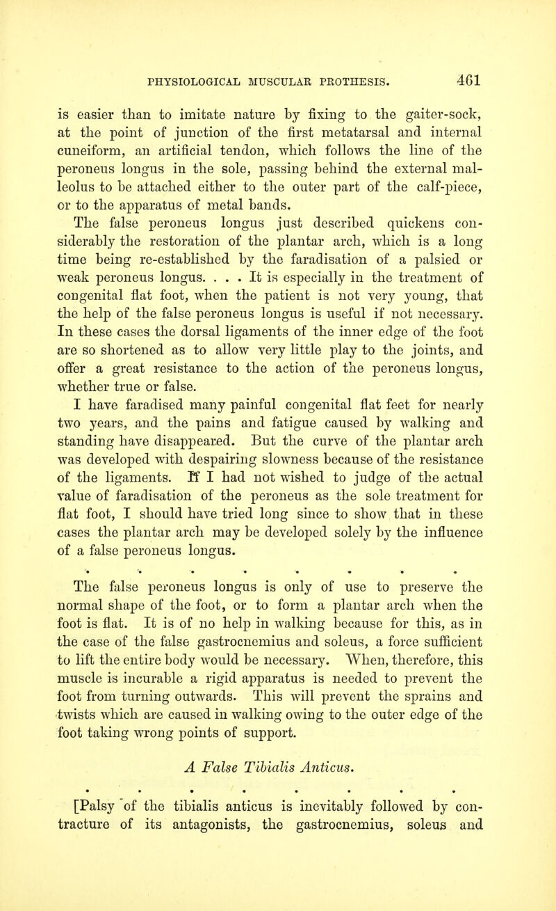 is easier than to imitate nature by fixing to the gaiter-sock, at the point of junction of the first metatarsal and internal cuneiform, an artificial tendon, which follows the line of the peroneus longus in the sole, passing behind the external mal- leolus to be attached either to the outer part of the calf-piece, or to the apparatus of metal bands. The false peroneus longus just described quickens con- siderably the restoration of the plantar arch, which is a long time being re-established by the faradisation of a palsied or weak peroneus longus. ... It is especially in the treatment of congenital flat foot, when the patient is not very young, that the help of the false peroneus longus is useful if not necessary. In these cases the dorsal ligaments of the inner edge of the foot are so shortened as to allow very little play to the joints, and offer a great resistance to the action of the peroneus longus, whether true or false. I have faradised many painful congenital flat feet for nearly two years, and the pains and fatigue caused by walking and standing have disappeared. But the curve of the plantar arch was developed with despairing slowness because of the resistance of the ligaments. K I had not wished to judge of the actual value of faradisation of the peroneus as the sole treatment for flat foot, I should have tried long since to show that in these cases the plantar arch may be developed solely by the influence of a false peroneus longus. The false peroneus longus is only of use to preserve the normal shape of the foot, or to form a plantar arch when the foot is flat. It is of no help in walking because for this, as in the case of the false gastrocnemius and soleus, a force sufficient to lift the entire body would be necessary. When, therefore, this muscle is incurable a rigid apparatus is needed to prevent the foot from turning outwards. This will prevent the sprains and •twists which are caused in walking owing to the outer edge of the foot taking wrong points of support. A False Tibialis Anticus. [Palsy of the tibialis anticus is inevitably followed by con- tracture of its antagonists, the gastrocnemius, soleus and