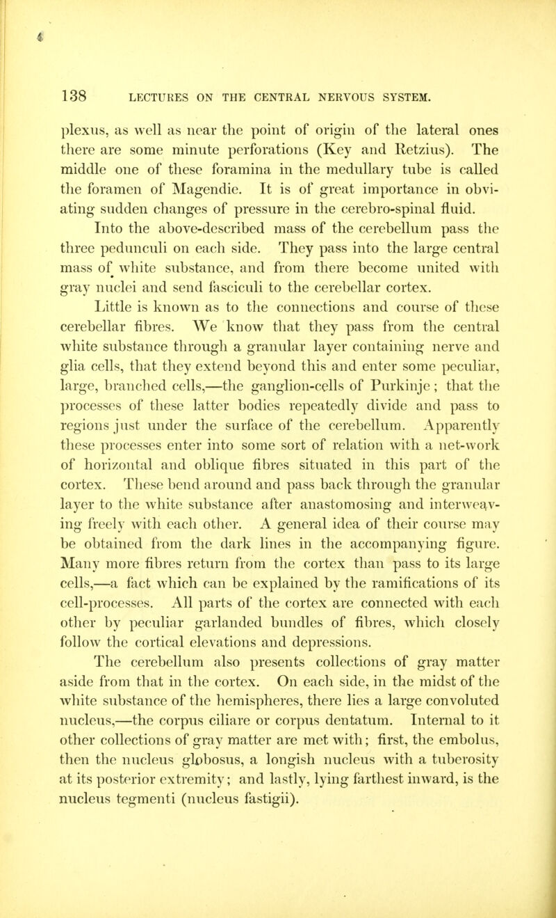 plexus, as well as near the point of origin of the lateral ones there are some minute perforations (Key and Retzius). The middle one of these foramina in the medullary tube is called the foramen of Magendie. It is of great importance in obvi- ating sudden changes of pressure in the cerebro-spinal fluid. Into the above-described mass of the cerebellum pass the three pedunculi on each side. They pass into the large central mass of white substance, and from there become united with gray nuclei and send fasciculi to the cerebellar cortex. Little is known as to the connections and course of these cerebellar fibres. We know that they pass from the central white substance through a granular layer containing nerve and glia cells, that they extend beyond this and enter some peculiar, large, branched cells,—the ganglion-cells of Purkinje ; that the processes of these latter bodies repeatedly divide and pass to regions just under the surface of the cerebellum. Apparently these processes enter into some sort of relation with a net-work of horizontal and oblique fibres situated in this part of the cortex. These bend around and pass back through the granular layer to the white substance after anastomosing and interweav- ing freely with each other. A general idea of their course may be obtained from the dark lines in the accompanying figure. Many more fibres return from the cortex than pass to its large cells,—a fact which can be explained by the ramifications of its cell-processes. All parts of the cortex are connected with each other by peculiar garlanded bundles of fibres, which closely follow the cortical elevations and depressions. The cerebellum also presents collections of gray matter aside from that in the cortex. On each side, in the midst of the white substance of the hemispheres, there lies a large convoluted nucleus,—the corpus ciliare or corpus dentatum. Internal to it other collections of gray matter are met with; first, the embolus, then the nucleus globosus, a longish nucleus with a tuberosity at its posterior extremity; and lastly, lying farthest inward, is the nucleus tegmenti (nucleus fastigii).
