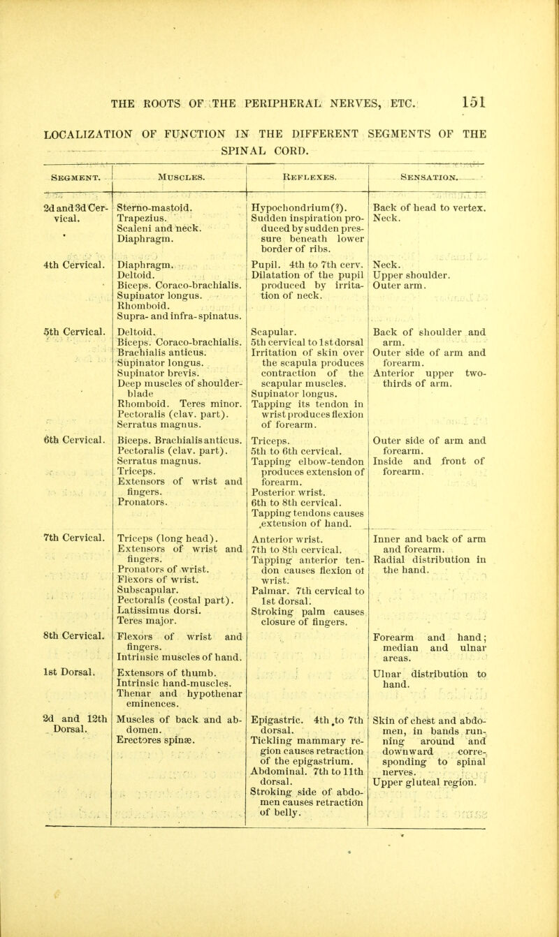 LOCALIZATION OF FUNCTION IN THE DIFFERENT SEGMENTS OF THE SPINAL CORD. Muscles. Reflexes. Sensation; Stei^no-mastoid. Trapezius. Scaleni and neck. Diaphragm. Diaphragm. Deltoid. Biceps. Coraco-brachialis. Supinator longus. Rhomboid. Supra- and infra- spinatus. Deltoid. Biceps. Coraco-brachialis. Brachialis anticus. Stipinator longus. Supinator brevis. Deep muscles of shoulder- blade Rhomboid. Teres minor. Pectoralis (clav. part). Serratus magnus. Biceps. Brachialis anticus. Pectoralis (clav. part). Serratus magnus. Triceps. Extensors of wrist and fingers. Pronators. Triceps (long head). Extensors of wrist and fingers. Pronators of wrist. Flexors of wrist. Subscapular. Pectoralis (costal part). Latissimus dorsi. Teries major. Flexors of wrist and fingers. Intrinsic muscles of hand. Extensors of thumb. Intrinsic hand-muscles. Thenar and hypothenar eminences. Muscles of back and ab- domen. Erectores spinse. Hypochondrium(?). Sudden inspiration pro- duced by sudden pres- sure beneath lower border of ribs. Pupil. 4th to 7th cerv. Dilatation of the pupil produced by irrita^ tion of neck. Scapular. 5th cervical to 1st dorsal Irritation of skin over the scapula produces contraction of the scapular muscles. Supinator longus. Tapping its tendon in wrist produces flexion of forearm. Triceps. 5th to 6th cervical. Tapping elbow-tendon produces extension of forearm. Posterior wrist. 6th to 8th cervical. Tapping tendons causes ^extension of hand. Anterior wrist. 7th to 8th cervical. Tapping anterior ten- don causes flexion ot wrist. Palmar. 7th cervical to 1st dorsal. Stroking palm causes closure of fingers. Epigastric. 4th ^to 7th dorsal. Tickling mammary re- gion causes retraction of the epigastrium. Abdominal. 7th to 11th dorsal. Stroking side of abdo- men causes retraction of belly. Back of head to vertex. Neck. Neck. Upper shoulder. Outer arm. Back of shoulder and arm. Outer side of arm and forearm. Anterior upper two- thirds of arm. Outer side of arm and forearm. Inside and front of forearm. Inner and back of arm and forearm. Radial distribution in the hand. Forearm and hand; median and ulnar areas. Ulnar dlsti:ibution to hand. Skin of chest and abdo- men, in bands run- ning around and downward corre-. sponding to spinal nerves. > Upper gluteal region.