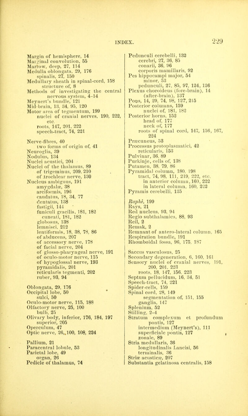 Margin of hemisphere, 14 MaiT-inal convolution, 55 Marrow, deep, 37, 114 Medulla oblongata, 29, 176 spinalis, 27, 150 Medullary sheath in spinal-cord, 158 structure of, 8 Methods of investigating the central nervous system, 4-14 Meynert's bundle, 121 Mid-brain, 13, 34, 95, 120 Motor area of tegmentum, 199 nuclei of cranial nerves, 190, 223, etc. roots, 147, 201, 223 speech-tract, 74, 231 Nerve-flbres, 40 two forms of origin of, 41 Neuroglia, 39 Nodulus, 134 Nuclei acustici, 204 Nuclei of the thalamus, 89 of trigeminus, 209, 210 of .trochlear nerve, 130 Nucleus ambiguus, 191 amygdalae, 38 arciformis, 196 caudatus, 18, 34, 77 dentatus, 138 fastigii, 144 funiculi gracilis. 181, 182 cuneati, 181, 182 globosus, 138 iemnisci, 212 lentiformis. 18, 38, 78, 86 of abducens, 207 of accessory nerve, 178 of facial nerve, 204 of glosso-pharyngeal nerve, 191 of oculo-motor nerve, 115 of hypoglossal nerve, 193 pyramidalis, 201 reticularis teo;menti, 203 ruber, 93, 94 Oblongata, 39, 176 Occipital lobe, 50 sulci, 50 Oculo-motor nerve, 115, 188 Olfactory nerve, 35, 100 bulb, 35 Olivary body, inferior, 176, 184, 197 superior, 205 Operculum, 47 Optic nerve, 26,. 100, 108, 224 Pallium, 31 Paracentral lobule, 53 Parietal lobe, 49 organ, 36 Pedicle of thalamus, 74 Pedunculi cerebelli, 133 cerebri, 27, 36, 85 conarii, 36, 96 corporis mamillaris, 92 Pes hippocampi major, 54 minor, 53 pedunculi, 27, 85, 97, 134, 126 Plexus choroideus (fore-brain), 14 (after-brain), 137 Pous, 14, 29, 74, 98, 127, 215 Posterior columns, 159 nuclei of, 181, 182 Posterior horns, 152 head of, 177 neck of, 177 roots of spinal cord, 147, 156, 167, 234 Prsecuneus, 53 Processus protoplasmatic!, 43 reticularis, 153 Pulvinar, 36, 89 Purkinje, cells of, 138 Putamen, 38, 79, 86 Pyramidal column, 180, 198 tract, 74, 98, 111, 219, 222, etc. in anterior column, 160, 222 in lateral column, 160, 222 Pyramis cerebelli, 135 Raphe, 199 Rays, 21 Red nucleus, 93, 94 Regio subthalaniica, 88, 93 Reil, 3 Remak, 3 Remnant of antero-lateral column, 165 Respiration bundle, 191 Rhomboidal fossa, 96, 175, 187 Saccus vasculosus, 35 Secondary degeneration, 6, 160, 161 Sensory nuclei of cranial nerves, 191, 200, 201, 223 roots, 18, 147, 156, 323 Septum pellucidum, 16, 34, 51 Speech-tract, 74, 221 Spider-cells, 159 Spinal cord, 28, 149 segmentation of, 151, 155 ganglia, 147 Splenium, 52 Stilling, 2-4 Stratum complexum et profundum pontis, 127 intermedium (Meynert's), 111 superficiale pontis, 127 zonale, 89 Stria medullaris, 36 longitudinalis Lancisi, 56 terminalis, 36 Striae acusticae, 207 Substantia gelatinosa centralis, 158