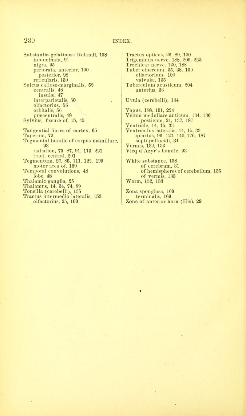 Substantia gelatinosa Rolandi, 158 innominata, 91 nigra, 95 perforata, anterior, 100 posterior, 98 reticularis, 130 Sulcus calloso-marginalis, 53 centralis, 48 insular, 47 interparietalis, 50 olfactorius, 56 orbitalis, 56 prsecentralis, 48 Sylvius, fissure of, 15, 45 j Tangential fibres of cortex, 65 Tapetum, 72 Tegmental bundle of corpus mamillare, 93 radiation, 75, 87, 91, 113, 221 tract, centra], 201 Tegmentum, 27, 85, 111, 123, 129 motor area of, 199 Temporal convolutions, 48 lobe. 48 Thalamic ganglia, 25 Thalamus,^14, 34, 74, 89 Tonsilla (cerebelli), 135 Tractus intermedio-lateralis, 153 olfactorius, 25, 100 Tractus opticus, 26, 89, 100 Trigeminus nerve, 188, 209, 223 Trochlear nerve, 130, 188 Tuber cinereum, 35, 38, 100 olfactorium, 100 valvulse, 135 Tuberculum acusticum, 204 anterius, 36 Uvula (cerebelli), 134 Vagus. 188, 191, 224 Velum medullare anticum, 134, 136 posticum, 21, 137, 187 Ventricle, 14, 15, 33 Ventriculus lateralis, 14, 15, 33 quartus, 96, 127, 140,176, 187 septi pellucidi, 34 Vermis, 132, 133 Vicq d'Azyr's bundle, 93 White substance, 158 of cerebrum, 31 , of hemispheres of cerebellum, 135 of vermis, 133 Worm, 132, 133 Zona spongiosa, 169 terminalis, 169 Zone of anterior horn (Ris). 29 /