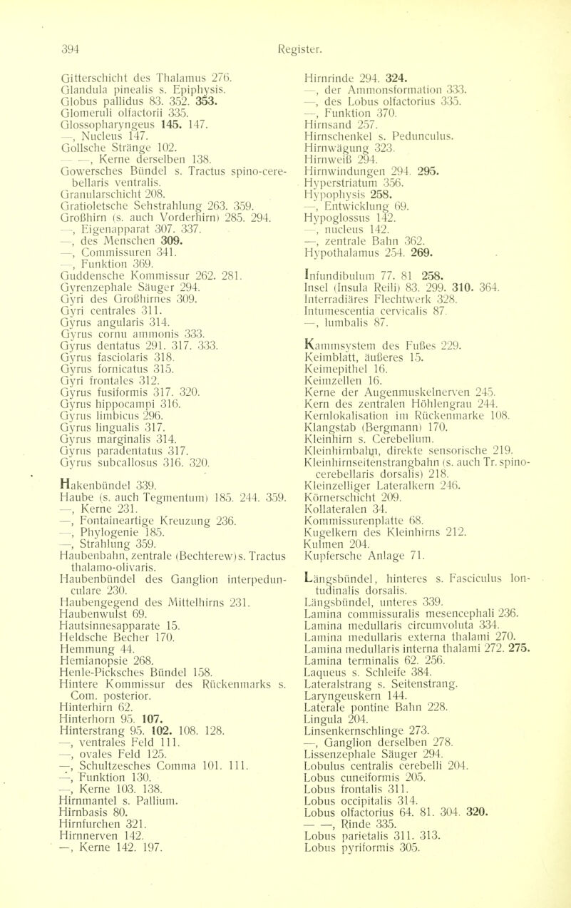 Gitterschicht des Thalamus 276. Glandula pinealis s. Epiphysis. Globus pallidus 83. 352. 353. Glomeruli olfactorii 335. Glossopharyngeus 145. 147. —, Nucleus 147. Gollsche Strange 102. - —, Kerne derselben 138. Gowersches Bundel s. Tractus spino-cere- bellaris ventralis. Granularschicht 208. Gratioletsche Sehstrahlung 263. 359. Grofihirn (s. auch Vorderhirn) 285. 294. ■—, Eigenapparat 307. 337. —, des Menschen 309. , Commissuren 341. —, Funktion 369. Guddensche Kommissur 262. 281. Gyrenzephale Sauger 294. Gyri des Grofihirnes 309. Gyri centrales 311. Gyrus angularis 314. Gyrus cornu ammonis 333. Gyrus dentatus 291. 317. 333. Gyrus fasciolaris 318. Gyrus fornicatus 315. Gyri frontales 312. Gyrus fusiformis 317. 320. Gyrus hippocampi 316. Gyrus limbicus 296. Gyrus lingualis 317. Gyrus marginalis 314. Gyrus paradentals 317. Gyrus subcallosus 316. 320. Hakenbiindel 339. Haube (s. auch Tegmentum) 185. 244. 359. - Kerne 231. —, Fontaineartige Kreuzung 236. —, Phylogenie 185. —, Strahlung 359. Haubenbahn, zentrale (Bechterew)s. Tractus thalamo-olivaris. Haubenbiindel des Ganglion interpedun- culare 230. Haubengegend des Mittelhirns 231. Haubenwulst 69. Hautsinnesapparate 15. Heldsche Becher 170. Hemmung 44. Hemianopsie 268. Henle-Picksches Bundel 158. Hintere Kommissur des Riickenmarks s. Com. posterior. Hinterhirn 62. Hinterhorn 95. 107. Hinterstrang 95. 102. 108. 128. —, ventrales Feld 111. —, ovales Feld 125. —, Schultzesches Comma 101. 111. —, Funktion 130. —, Kerne 103. 138. Hirnmantel s. Pallium. Hirnbasis 80. Hirnfurchen 321. Hirnnerven 142. —, Kerne 142. 197. Hirnrinde 294. 324. —, der Ammonsformation 333. —, des Lobus olfactorius 335. —, Funktion 370. Hirnsand 257. Hirnschenkel s. Pedunculus. Hirnwagung 323. Hirnweifi 294. Hirnwindungen 294. 295. Hyperstriatum 356. Hypophysis 258. —, Entwicklung 69. Hypoglossus 142. —, nucleus 142. —, zentrale Bahn 362. Hypothalamus 254. 269. Infundibulum 77. 81 258. Insel (Insula Reili) 83. 299. 310. 364. Interradiares Flechtwerk 328. Intumescentia cervicalis 87. —, lumbalis 87. Kammsystem des Fufies 229. Keimblatt, aufieres 15. Keimepithel 16. Keimzellen 16. Kerne der Augenmuskelnerven 245. Kern des zentralen Hohlengrau 244. Kernlokalisation im Riickenmarke 108. Klangstab (Bergmann) 170. Kleinhirn s. Cerebellum. Kleinhirnbahjn, direkte sensorische 219. Kleinhirnseitenstrangbahn (s. auch Tr. spino- cerebellars dorsalis) 218. Kleinzelliger Lateralkern 246. Kornerschicht 209. Kollateralen 34. Kommissurenplatte 68. Kugelkern des Kleinhirns 212. Kulmen 204. Kupfersche Anlage 71. Langsbiindel, hinteres s. Fasciculus lon- tudinalis dorsalis. Langsbiindel, unteres 339. Lamina commissuralis mesencephali 236. Lamina medullaris circumvoluta 334. Lamina medullaris externa thalami 270. Lamina medullaris interna thalami 272. 275. Lamina terminalis 62. 256. Laqueus s. Schleife 384. Lateralstrang s. Seitenstrang. Laryngeuskern 144. Laterale pontine Bahn 228. Lingula 204. Linsenkernschlinge 273. —, Ganglion derselben 278. Lissenzephale Sauger 294. Lobulus centralis cerebelli 204. Lobus cuneiformis 205. Lobus frontalis 311. Lobus occipitalis 314. Lobus olfactorius 64. 81. 304. 320. , Rinde 335. Lobus parietalis 311. 313. Lobus pyriformis 305.