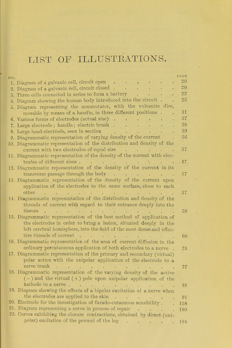LIST OF ILLUSTEATIONS. 1. Diagram of a galvanic cell, circuit open 20 2. Diagram of a galvanic cell, circuit closed 20 3. Three cells connected in series to form a battery .... 22 i. Diagram showing the human body introduced into the circuit . . 23 5. Diagram representing the commutator, with the vulcanite disc, movable by means of a handle, in three different positions . . .31 6. Various forms of electrodes (actual size) 37 7. Large electrode ; handle ; electric brush 38 8. Large head-electrode, seen in section 39 9. Diagrammatic representation of varying density of the current . .56 10. Diagrammatic representation of the distribution and density of the cm-rent with two electrodes of equal size ..... 57 11. Diagi-ammatic representation of the density of the current with elec- trodes of different sizes .......... 57 12. Diagrammatic representation of the density of the current in its transverse passage through the body . . . . . .57 13. Diagrammatic representation of the density of the current upon application of the electrodes to the same surface, close to each other 67 14. Diagrammatic representation of the distribution and density of the threads of current with regard to their entrance deeply into the tissues 59 15. Diagrammatic representation of the best method of application of the electrodes in order to bring a lesion, situated deeply in the left cerebral hemisphere, into the field of the most dense and effec- tive threads of current ......... GO 16. Diagrammatic representation of the area of current diffusion in the ordinary percutaneous application of both electrodes to a nerve . 75 17. Diagrammatic representation of the primary and secondary (virtual) polar action with the unipolar application of the electrode to a nerve trunk 77 18. Diagrammatic representation of the varying density of the active (-) and the virtual ( + ) pole upon unipolar application of the kathode to a nerve .......... 81 19. Diagram showing the effects of a bipolar excitation of a nerve when the electrodes are applied to the skin 91 20. Electrode for the investigation of farado-cutaneous sensibility . . 158 21. Diagram representing a nerve in process of repair .... igQ 22. Carves exhibiting the closure contractions, obtained by direct (uni- polar) excitation of the pcronci of the leg 1,94