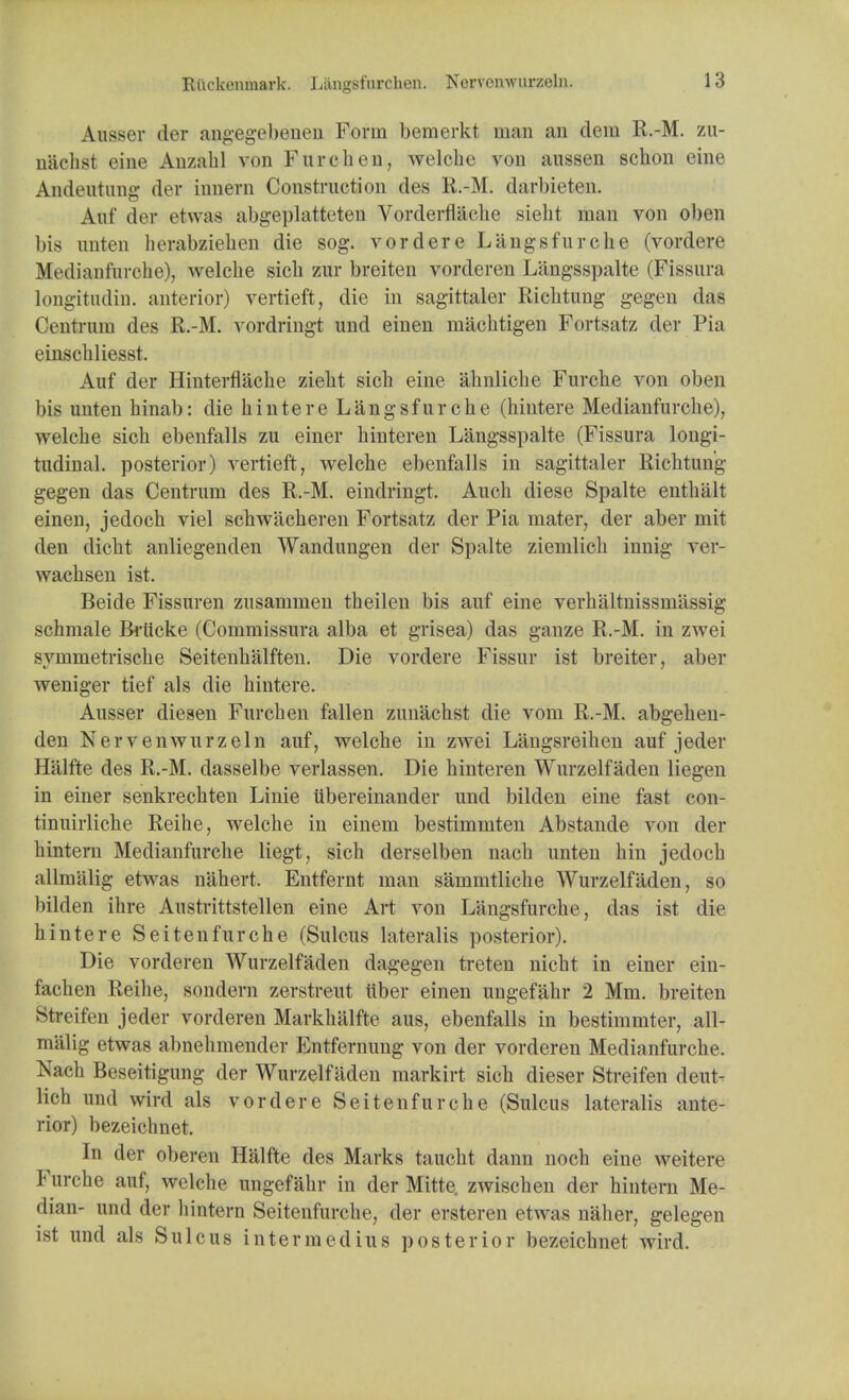 Ausser der angegebenen Form bemerkt man an dera R.-M. zu- nachst eine Anzabl von Furcben, welcbe von aussen scbon eine Andeutung der innern Construction des R.-M. darbieten. Auf der etwas abgeplatteten Vorderflacbe siebt man von oben bis nnten berabzieben die sog. vordere Langsfurcbe (vordere Medianfurcbe), welcbe sicb zur breiten vorderen Langsspalte (Fissura longitndin. anterior) vertieft, die in sagittaler Ricbtung gegen clas Centrum des R.-M. vordringt und einen macbtigen Fortsatz der Pia einscbliesst. Auf der Hinterflacbe ziebt sicb eine abnlicbe Furcbe von oben bis unten binab: die bintere Langsfurcbe (bintere Medianfurcbe), welcbe sicb ebenfalls zu einer binteren Langsspalte (Fissura longi- tudinal, posterior) vertieft, welcbe ebenfalls in sagittaler Ricbtung gegen das Centrum des R.-M. eindringt. Aucb diese Spalte entbalt einen, jedocb viel scbwacberen Fortsatz der Pia mater, der aber mit den dicbt anliegenden Wandungen der Spalte ziemlicb innig ver- wacbsen ist. Beide Fissuren zusammen tbeilen bis auf eine verbaltnissunissig schDiale Brticke (Commissura alba et grisea) das gauze R.-M. in zwei symmetriscbe Seitenbalften. Die vordere Fissur ist breiter, aber weniger tief als die bintere. Ausser diesen Furcben fallen zun'acbst die vom R.-M. abgeben- den Nervenwurzeln auf, welcbe in zwei Langsreiben auf jeder Halfte des R.-M. dasselbe verlassen. Die binteren Wurzelfaden liegen in einer senkrecbten Linie iibereinander und bilden eine fast con- tinuirlicbe Reibe, welcbe in einem bestimmten Abstande von der bintern Medianfurcbe liegt, sicb derselben nacb unten bin jedocb allmalig etwas nabert. Entfernt man sammtlicbe Wurzelfaden, so bilden ihre Austrittstellen eine Art von Langsfurcbe, das ist die hintere Seitenfurcbe (Sulcus lateralis posterior). Die vorderen Wurzelfaden dagegen treten nicbt in einer ein- facben Reibe, sondern zerstreut iiber einen ungefabr 2 Mm. breiten Streifen jeder vorderen Markbalfte aus, ebenfalls in bestimmter, all- malig etwas abnebmender Entfernung von der vorderen Medianfurcbe. Nacb Beseitigung der Wurzelfaden markirt sicb dieser Streifen deut- Keh und wird als vordere Seitenfurcbe (Sulcus lateralis ante- rior) bezeichnet. In der oberen Halfte des Marks taucbt dann noch eine weitere Furche auf, welcbe ungefabr in der Mitte. zwiscben der hintern Me- dian- und der bintern Seitenfurcbe, der ersteren etwas naber, gelegen ist und als Sulcus intermedins posterior bezeicbnet wird.