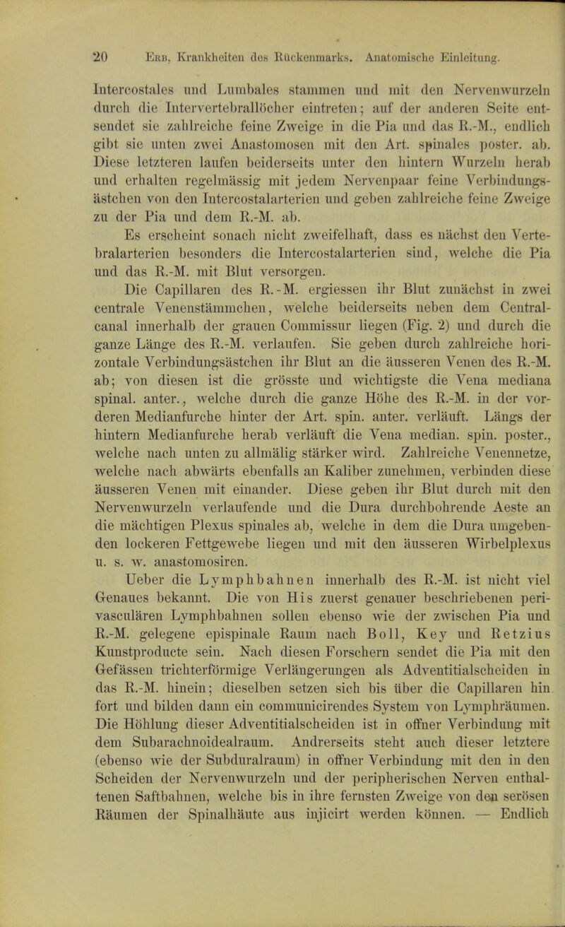 InteroostaLes and Lumbales stammen und mit den Nervenwurzeln durch die Intervertebrallbcher eintreten; auf der anderen Seite ent- sendet sic zahlreiche feine Zweige in die Pia und das R.-M., endlich gibt sie unten zwei Anastoinosen mit den Art. spinales poster, ab. Diese letzteren laufen beiderseits unter den hintern Wurzeln herab und erhalten regeliniissig mit jedem Nervenpaar feine Verbindungs- astchen von den Intercostalarterien und geben zablreiche feine Zweige zu der Pia und dem R.-M. ab. Es erscheint sonach nicbt zweifelhaft, dass es nachst den Verte- bralarterien besonders die Intercostalarterien sind, welche die Pia und das R.-M. mit Blut versorgen. Die Capillaren des R.-M. ergiessen ihr Blut zunachst in zwei centrale Venenstanimchen, welcbe beiderseits neben dem Central- canal innerbalb der grauen Commissur liegen (Fig. 2) und durch die ganze Lange des R.-M. verlaufen. Sie geben durch zahlreiche hori- zontale Verbindungsastcben ihr Blut an die ausseren Venen des R.-M. ab; von diesen ist die grosste und wichtigste die Vena mediana spinal, anter., welche durch die ganze Hohe des R.-M. in der vor- deren Medianfurche hinter der Art. spin, anter. verlauft. Langs der hintern Medianfurche herab verlauft die Vena median, spin, poster., welche nach unten zu allmalig starker wird. Zablreiche Venennetze? welche nach abwarts ebenfalls an Kaliber zunehmen, verbinden diese ausseren Venen mit einander. Diese geben ihr Blut durch mit den Nervenwurzeln verlaufende und die Dura durchbohrende Aeste an die machtigen Plexus spinales ab, welche in dem die Dura umgeben- den lockeren Fettgewebe liegen und mit den ausseren Wirbelplexus u. s. w. anastomosiren. Ueber die Lymphbahnen innerbalb des R.-M. ist nicht viel Genaues bekannt. Die von His zuerst genauer beschriebeuen peri- vascularen Lymphbahnen sollen ebenso wie der zwischen Pia und R.-M. gelegene epispinale Raum nach Boll? Key und Retzius Kunstproducte sein. Nach diesen Forschern sendet die Pia mit den Gefassen trichterrdrmige Verlangerungen als Adventitialscheiden in das R.-M. hinein; dieselben setzen sich bis liber die Capillaren hin fort und bilden dann ein communicirendes System von Lyinphraumen. Die Hohlung dieser Adventitialscheiden ist in offner Verbindung mit dem Subarachnoidealraum. Andrerseits steht auch dieser letztere (ebenso wie der Subduralraum) in offner Verbindung mit den in den Scheiden der Nervenwurzeln und der peripherischen Nerven enthal- tenen Saftbahnen, Avelche bis in ihre fernsten Zweige von dew serbsen Raumen der Spinalhaute aus injieirt werden kbnnen. — Endlich