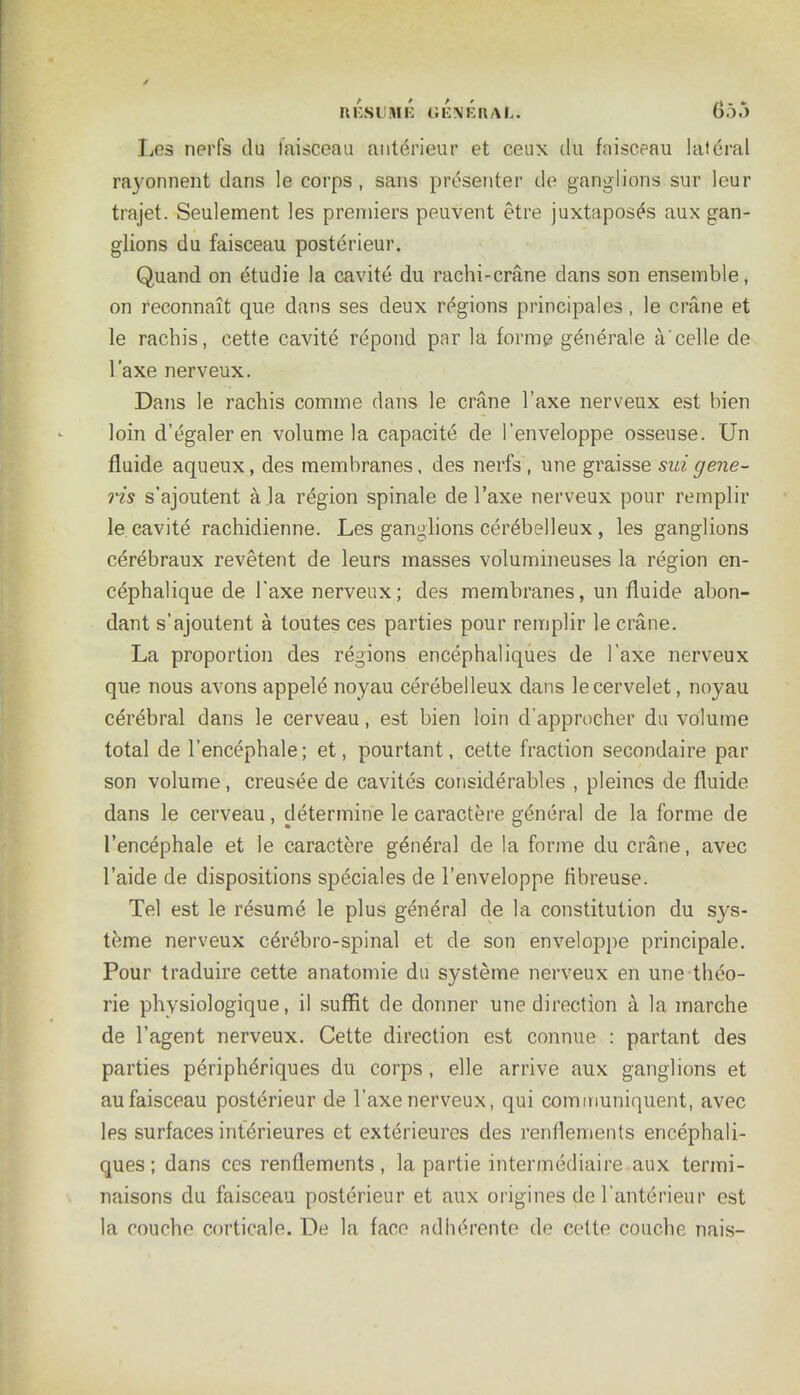 Los nerfs du faisceau anterieur et ceux du faisceau lateral rayonnent dans le corps , sans presenter de ganglions sur leur trajet. Seulement les premiers peuvent etre juxtaposes aux gan- glions du faisceau posterieur. Quand on etudie la cavite du rachi-erane dans son ensemble, on feconnait que dans ses deux regions principales, le crane et le racbis, cette cavite repond par la forme generate a'celle de l'axe nerveux. Dans le rachis comme dans le crane l'axe nerveux est bien loin d'egaler en volume la capacite de 1'enveloppe osseuse. Un fluide aqueux, des membranes, des nerfs , une graisse suigene- ris s'ajoutent a la region spinale de l'axe nerveux pour remplir le cavite rachidienne. Les ganglions cer^belleux , les ganglions cerebraux revetent de leurs masses volumineuses la region en- cephalique de l'axe nerveux; des membranes, un fluide abon- dant s'ajoutent k toutes ces parties pour remplir le crane. La proportion des regions encephaliques de l'axe nerveux que nous avons appele noyau cerebelleux dans lecervelet, noyau cerebral dans le cerveau, est bien loin d'approcher du volume total de l'encephale; et, pourtant, cette fraction secondaire par son volume, creusee de cavites considerables , pleines de fluide dans le cerveau, determine le caractere general de la forme de l'encephale et le caractere geu(5ral de la forme du crane, avec l'aide de dispositions speciales de 1'enveloppe fibreuse. Tel est le resume le plus general de la constitution du sys- teme nerveux cer^bro-spinal et de son enveloppe principale. Pour traduire cette anatomie du systeme nerveux en une theo- rie physiologique, il suffit de donner une direction a la marche de l'agent nerveux. Cette direction est connue : partant des parties peripheViques du corps, elle arrive aux ganglions et aufaisceau posterieur de l'axe nerveux, qui communiquent, avec les surfaces interieures et exterieures des renflements encephali- ques; dans ces renflements, la partie intermediaire aux termi- naisons du faisceau posterieur et aux origines de l'anterieur est la couche corticate. De la face adheronte de cette couche nais-