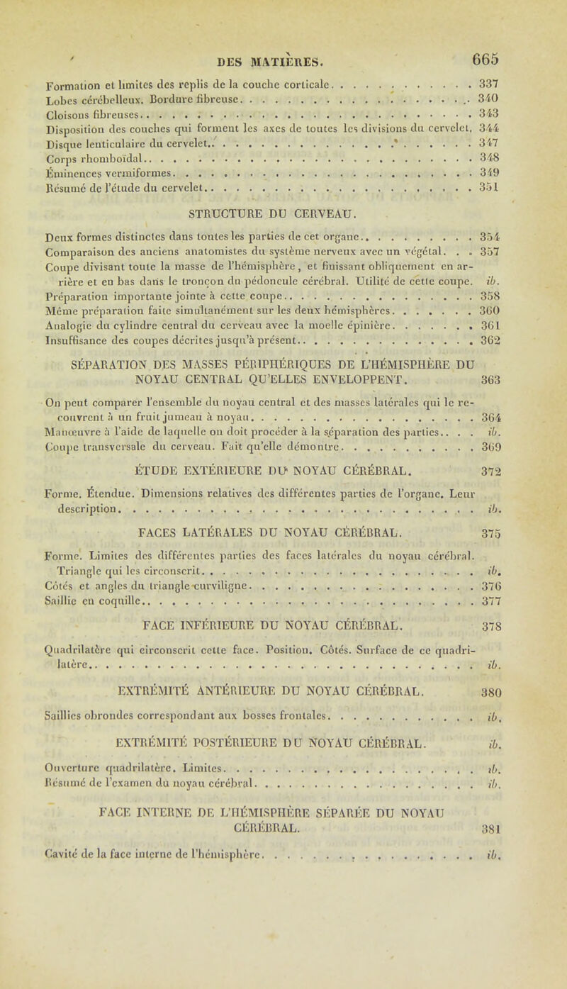 Formation et limites dcs replis de la couchc corticalc 337 Lobes cerebelleux. Bordure fibrcusc 340 Cloisons fibreuses 343 Disposition dcs couches qui forment les axes de toutes les divisions du cervclct, 344 Disque lenticulairc du cervelct./ * 347 Corps rhomboidal 348 Eminences vennifornies . 349 Resume de 1'etude du cervelet 351 STRUCTURE DU CERVEAU. Deux formes distinctcs dans toutes les parties de cet organc 354 Comparaison des anciens anatomistes du systeme nerveux avec un vegetal. . . 357 Coupe divisant toute la masse de l'hemisphere, et finissant obliqucmcnt en ar- riere et en bas dans le troucon du pedoneule cerebral. Ulilite de cette coupe, ib. Preparation importante jointe a cette coupe 358 Memo preparation faite simultanement sur les deux hemispheres 300 Analogic du cylindre central du cervcau avec la moclle e'pinicrc 361 Insuffisance des coupes decrites jusqu'a present 362 SEPARATION DES MASSES PEH1PHERIQUES DE L'HEMISPHERE DU NOYAU CENTRAL QU'ELLES ENVELOPPENT. 363 On pout comparer l'cnsemble du noyau central ct des masses lalerales qui lc re- couvrcnt a un fruit jumcau a noyau 364 Manoeuvre a l'aide de laquelle on doit proceder a. la separation des parties.. . . ib. Coupe transvcrsale du cerveau. Fait qu'elle demontre 3(>0 ETUDE EXTER1EURE DU NOYAU CtiR^BRAL. 372 Forme. Vendue. Dimensions relatives des differentes parties de l'organc. Lcur description . ib. FACES LATET.ALES DU NOYAU CEREBRAL. 375 Forme. Limites dcs differentes parties dcs faces lateralcs du noyau cerebral. Triangle qui les circonscrit ib. Cotes et angles du triangle curviligne 376 Saillic cn coquille 377 FACE INFERIEURE DU NOYAU CEREBRAL. 378 Quadrilatcre qui circonscrit cette face. Position. Cotes. Surface de cc quadri- lalerc ib. EXTREMITE ANTERIEURE DU NOYAU CEREBRAL. 380 Saillies obrondes corrcspondant aux bosses frontales Ht EXTREMITli POSTERIEURE DU NOYAU CEREBRAL, ib. Ouvcrture quadrilatcre. Limites Resume de l'cxamen du noyau cerebral ib. FACE INTERNE DE L'HEMISPHERE SEPAREE DU NOYAU CEREBRAL. !Xl Cavitc de la face interne de rhcinisphtre . ib.