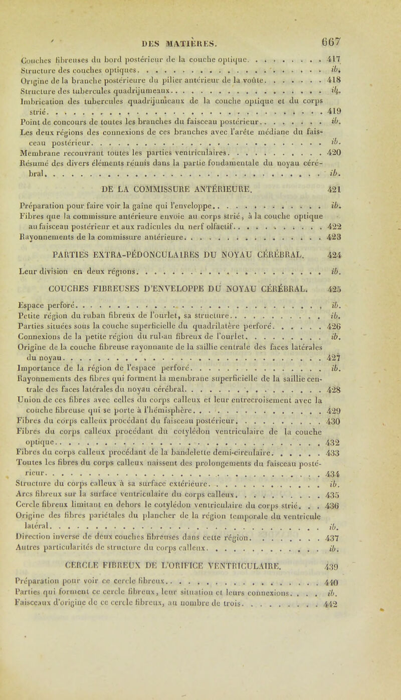 067 Couches Mucuses du bord posterieur de la couche optique 417 Structure dcs couches optiques ib, Origine de la branche postericure du pilier antcrieur de la voiile -418 Structure des tuberculcs quadrLjumeaux ib,. Imbrication des tubercules quadrijumeaux de la couche optiquc et du corps strie 419 Point de concours dc toutes les branches du faisceau posterieur ib. Les deux regions des connexions de ces branches avcc l'arete mcdiane du fais- cenu posterieur ib. Membrane rccouvrant toutes les parties ventriculaires 420 Resume des divers elements reunis dans la parlie fondamentale du noyau cere- bral ib. DE LA COMMISSURE ANTERIEURE. 421 Preparation pour faire voir la gaine qui l'enveloppe ib. Fibres que la commissure anlerieure envoie au corps strie, a la couche optique an faisceau posterieur et aux radicules du nerf olfaclif 422 Rayonnemeuts de la commissure anlerieure 423 PARTIES EXTRA-PEDONCULA1RES DU NOYAU CEREBRAL. 424 Leur division cn deux regions ib. COUCHES FIBREUSES D'ENVELOPPE DU NOYAU CEREBRAL. 425 Espace perfore , ib. Petite region du ruban fibreux de 1'ourlet, sa structure ib. Parties situees sous la couche superficielle du quadrilaterc perfore 426 Connexions de la petite region du ruban fibreux de 1'ourlet ib. Origine de la couche fibreuse rayonnante de la saillie cenlrale des faces latcrales du noyau 427 Importance de la region de l'espace perfore ib. Rayonnemcnts des fibres qui forment la membrane supcrficielle dc la saillie cen- trale dcs faces latcrales du noyau cerebral ' 428 Union de ccs fibres avec celles du corps calleux et leur cntrecroisenient avec la couche fibreuse (pii se porle a 1'hemisphere 429 Fibres du corps calleux proccdant du faisceau posterieur 430 Fibres du corps calleux proccdant du cotyledon ventriculaire dc la couche optique 432 Fibres du corps calleux proccdant dc la bandelette demi-circulaire 433 Toutes les fibres du corps calleux naissent dcs prolongements du faisceau poste- rieur . . 434 Structure du corps calleux a sa surface cxlerieure ib. Arcs fibreux sur la surface ventriculaire du corps calleux 435 Ccrcle fibreux limitaiit en dehors le cotyledon ventriculaire du corps strie. . . 436 Origine dcs fibres parie'tales du plancher dc la region tcmporale du ventriculc lateral it. Direction inverse de deux couches fibreuscs dans cette region 437 Autrcs parlicularites dc structure du corps calleux ib. CERCLE FIBREUX DE L'ORIITCE VENTRICULAIRE. 439 Preparation pour voir ce cercle fibreux 4'(q Parties qui forment ce ccrcle fibreux, leur situation et leurs connexions. . . . ib. Faisccaux d'originc dc cc ccixlc fibreux, au tiombre dc trois 442