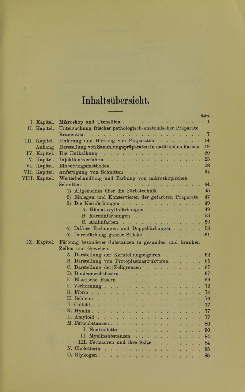 Inhaltsiibersicht. Seite I. Kapitel. Mikroskop und Utensilien 1 II. Kapitel. Untersuchuiig frischer path.ologisch.-aD.atoiiusclier Praparate. E-eagentien 7 III. Kapitel. Fixierung imd Hartung von Praparaten 14 Anhang Herstellung von Sammlungspraparaten in natiiiiiolien Pai-beu 19 IV. ICapitel. Die Entkalkung 20 V. liapitel. Injektionsverfaliren 2B VI. Kapitel. Einbettungsmethoden 28 Vn. Kapitel. Anfertigung von Scknitten 34 VIII. Kapitel. Weiterbehandlung und Parbung von mikroskopiscben Scknitten 44 1) Allgemeines iiber die Parbetechnik 46 2) Einlegen und Konservieren der gefarbten Praparate 47 3) Die Kemfarbungen 49 A. Hamatoxylinfarbungen 49 B. Karminfarbungen 53 C. Anilinfarben B6 4) Diffuse Parbungen und Doppelfftrbungen 58 5) Durchfarbung ganzer Stiicke 61 IX. Kapitel. Parbung besonderer Substanzen in gesunden und ki-auken Zellen und Geweben. A. Darstellung der Kernteilungsfiguren 62 B. Darstellung von Protoplasmastrukturen 65 C. Darstellung der?? Zellgrenzen 67 D. Bindegewebsfasem 67 E. Elastische Pasem 69 P. Verbornung 72 G-. Pibrin 74 H. Schleim 76 I. Colloid 77 K. Hyalin 77 L. Amyloid 77 M. Pettsubstanzen 80 I. Neutralfette 80 n. MyeLtnsubstanzen 84 m. Pettsauren und ihre Sake 84 N. Cholesterin 85 0. Glykogen 85