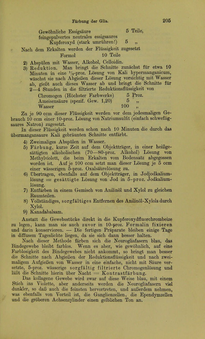 Ftlrbung der GUa. Gewohnliche Essigsiiure 5 Teile, feingepulvertes neutrales essigsaures Kupferoxyd (stark umriiliren!) 5 „ Nach dem Erkalten werden der Fliissigkeit zugesetzt Fonnol 10 Teile 2) Abspulen mit Wasser, Alkohol, Celloidin. 3) Reduktion. Man bringt die Schnitte zunachst fur etwa 10 Minuten in eine Va-proz, Losung von Kali hypennanganicum, waschst sie nach Abgiefien dieser Losung vorsichtig mit Wasser ab, giefit auch dieses Wasser ab und bringt die Schnitte fiir 2—4 Stunden in die filtrierte Reduktionsflussigkeit von Zu je 90 ccm dieser Fliissigkeit werden vor dem jedesmahgen Ge- brauch 10 ccm einer 10-proz. Losung von Natriumsulfit (einfach schwefiig- saures Natron) zugesetzt. In dieser Fliissigkeit werden schon nach 10 Minuten die durch das iibermangansaiire Kali gebraunten Schnitte entfarbt. 4) Zweimaliges Abspiilen in Wasser. 5) Farbung, kurze Zeit auf dem Objekttrager, in einer heiBge- sattigten alkohohschen (70—80-proz. Alkohol) Losung von Methylviolett, die beim Erkalten vom Bodensatz abgegossen worden ist. Auf je 100 ccm setzt man dieser Losung je 5 ccm einer wasserigen 5-proz. Oxalsaurelosung zu. 6) tJbertragen, ebenfaUs auf dem Objekttrager, in Jodjodkalium- losung = gesattigte Losung von Jod in 5-proz. Jodkahum- losung. 7) Entfarben in einem Gemisch von AniUnol und Xylol zu gleichen Raumteilen. 8) Vollstandiges, sorgfaltiges Entfemen des Anilinol-Xylols durch Xylol. 9) Kanadabalsam. Anstatt die Gewebsstiicke direkt in die Kupferoxydfluorchrombeize zu legen, kann man sie auch zuvor in 10-proz. Formalin fixieren und darin konservieren. — Die fertigen Praparate bleiben einige Tage in diffusem Tageslichte liegen, da sie sich dann besser halten. Nach dieser Methode farben sich die Neuroghafasern blau, das Bindegewebe bleibt farblos. Wenn es aber, wie gewohnlich, auf eine Farblosigkeit des Bindegewebes nicht ankommt, so bringt man besser die Schnitte nach AbgieCen der Beduktionsfiiissigkeit und nach zwei- mahgem AufgieBen von Wasser in eine einfache, nicht mit Saure ver- setzte, 5-proz. wasserige sorgfaltig filtrierte Chromogenlosung und lai3t die Schnitte hierin iiber Nacht = Kontrastfarbung. Das kollagene Gewebe wird zwar auf diese Weise blau, mit einem Stich ins Violette, aber anderseits werden die Neurogliafasern viel dunkler, so dafi auch die feinsten hervortreten, und auCerdem nehmen, was ebenfaUs von Vorteil ist, die GangHenzellen, die Ependymzellen und die groberen Achsenzylinder einen gelbHchen Ton an. Ohromogen (Hochster Farbwerke) Ameisensaure (spezif. Gew. 1,20) Wasser 5 Proz. 100