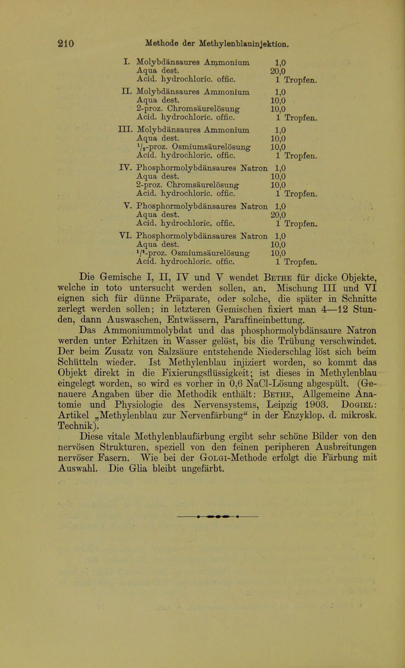 I. Molybdiinsaures An^monium 1,0 Aqua dest. 20,0 Acid, hydrochloric, offic. 1 Tropfen. II. Molybdansaures Ammonium 1,0 Aqua dest. 10,0 2-proz. Chromsaurelosung 10,0 Acid, hydrochloric, offic. 1 Tropfen. m. Molybdansaures Ammonium 1,0 Aqua dest. 10,0 */,-proz. Osmiumsaurelosung 10,0 Acid, hydrochloric, offic. 1 Tropfen. rV. Phosphormolybdansaures Natron 1,0 Aqua dest. 10,0 2-proz. Chromsaurelosung 10,0 Acid, hydrochloric, offic. 1 Tropfen. V. Phosphormolybdansaures Natron 1,0 Aqua dest. 20,0 Acid, hydrochloric, offic. 1 Tropfen. VI. Phosphormolybdansaures Natron 1,0 Aqua dest. 10,0 '/*-proz. Osmiumsaurelosung 10,0 Acid, hydrochloric, offic. 1 Tropfen. Die Gremische I, IT, IV und V wendet Bethe fiir dicke Objekte, welche in toto untersucht werden sollen, an. Mischung III und VI eignen sich fiir diinne Praparate, oder solche, die spater in Schnitte zerlegt werden sollen; in letzteren Gemischen fixiert man 4—12 Stun- den, dann Auswaschen, Entwassem, Paraffineinbettung. Das Ammoniummolybdat und das phosphormolybdansaure Natron werden unter Erhitzen in Wasser gelost, bis die Triibung verscbwindet. Der beim Zusatz von Salzsaure entstehende Niederschlag lost sich beim Schiitteln wieder, 1st Methylenblau injiziert worden, so konunt das Objekt direkt in die Fixierungsfliissigkeit; ist dieses in Methylenblau eingelegt worden, so wird es vorher in 0,6 NaCl-Losung abgespiilt. (Ge- nauere Angaben iiber die Methodik enthalt: Bethe, Allgemeine Ana- tomie und Physiologie des Nervensystems, Leipzig 1903. Dogiel: Artikel „ Methylenblau zur Nervenfarbung in der Enzyklop. d. mikrosk. Technik). Diese vitale Methylenblaufarbung ergibt sehr schone Bilder von den nervosen Strukturen, speziell von den feinen peripheren Ausbreitungen nervoser Fasern. Wie bei der GoLGi-Methode erfolgt die Farbung mit Auswahl. Die Glia bleibt ungefarbt.