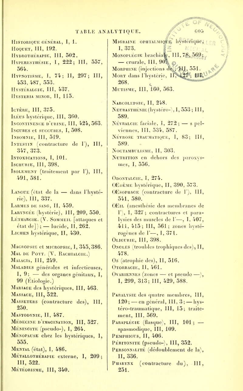 Historique général, I5 1. Hoquet, III, 192. Hydrothérapie, III, 502. Hyperesthésie , I, 222; III, 557, 564. Hypnotisme, I, 74; II, 297; III, 453, 487, 553. Hystéralcie, III, 437. Hysteria minor, II, 115. Ictère, III, 375. Iléus hystérique, III, 360. Incontinence d'urine, III, 424,563. Incures et succures, I, 508. Insomme, III, 519. Intestin (contracture de 1), III, 347, 373. Intoxications, I, 101. Ischurie, III, 398. Isolement (traitement par 1'), III, 491, 581. Langue (état de la — dans l'hysté- rie), III, 337. Larmes de sang, II, 459. Laryngée (hystérie), III, 209, 550. Léthargie. (V. Sommeil [attaques et état de]) ; — lucide, II, 262. Lichen hystérique, II, 430. Macropsie et micropsie, I, 345,386. Mal de Pott. (V. Rachialgie.) Malacia, III, 249. Maladies générales et infectieuses, I, 9; — des organes génitaux, I, 99 (Étiologie.) Mariage des hystériques, III, 463. Massace, III, 522. Masseters (contracture des), III, 250. Mastodynie, II, 487. Médecine d'imagination, III, 527. Méningite (pseudo-), I, 264. Ménopause chez les hystériques, I, 555. Mental (état), I, 486. Métallotuérapie externe, I, 209 ; III, 522. MÉTÉORISME, III, 340. Migraine ophtalmique, hystérique j I, 373. Monoplécie brachia|p, HI,'7j§£ 569; — crurale, III, 901 Morphine (injections de,, 111, 551. Mort dans l'hystérie, IL>-i27 ; III, 268. ( Mutisme, III, 160, 563. Narcolepsie, II, 248. Neurasthénie (hystéro-), I, 553 ; III, 589. Névralgie faciale, I, 272; — s pel- viennes, III, 534, 587. Névrose traumatique, I, 83; IIf, 589. Noctamrulisme, II, 303. Nutrition en dehors des paroxys- mes, I, 556. Odontalgie, I, 274. OEoeme hystérique, II, 390, 573. OEsophage (contracture de 1'), III, 541, 580. OEil (anesthésie des membranes de 1'), I, 327; contractures et para- lysies des muscles de 1'—, I, 407, 41i, 415; III, 561; zones hysté- rogènes de 1'—, I, 371. Oligurie, III, 398. Ongles (troubles trophiques des), II, 478. Os (atrophie des), II, 516. Otorracie, II, 461. Ovariennes (zones — et pseudo—), I, 299, 313; III, 429, 588. Paralysie des quatre membres, III, 120 ; — en général, III, 3 ; — hys- téro-traumatique, III, 15; traite- ment, III, 569. Paraplégie (flasque), III, 101; — spasmodique, III, 109. Pemphigus, II, 406. Péritonite (pseudo-), III, 352. Personnalité (dédoublement de la), II, 336. Pharynx (contracture du), III, 251.