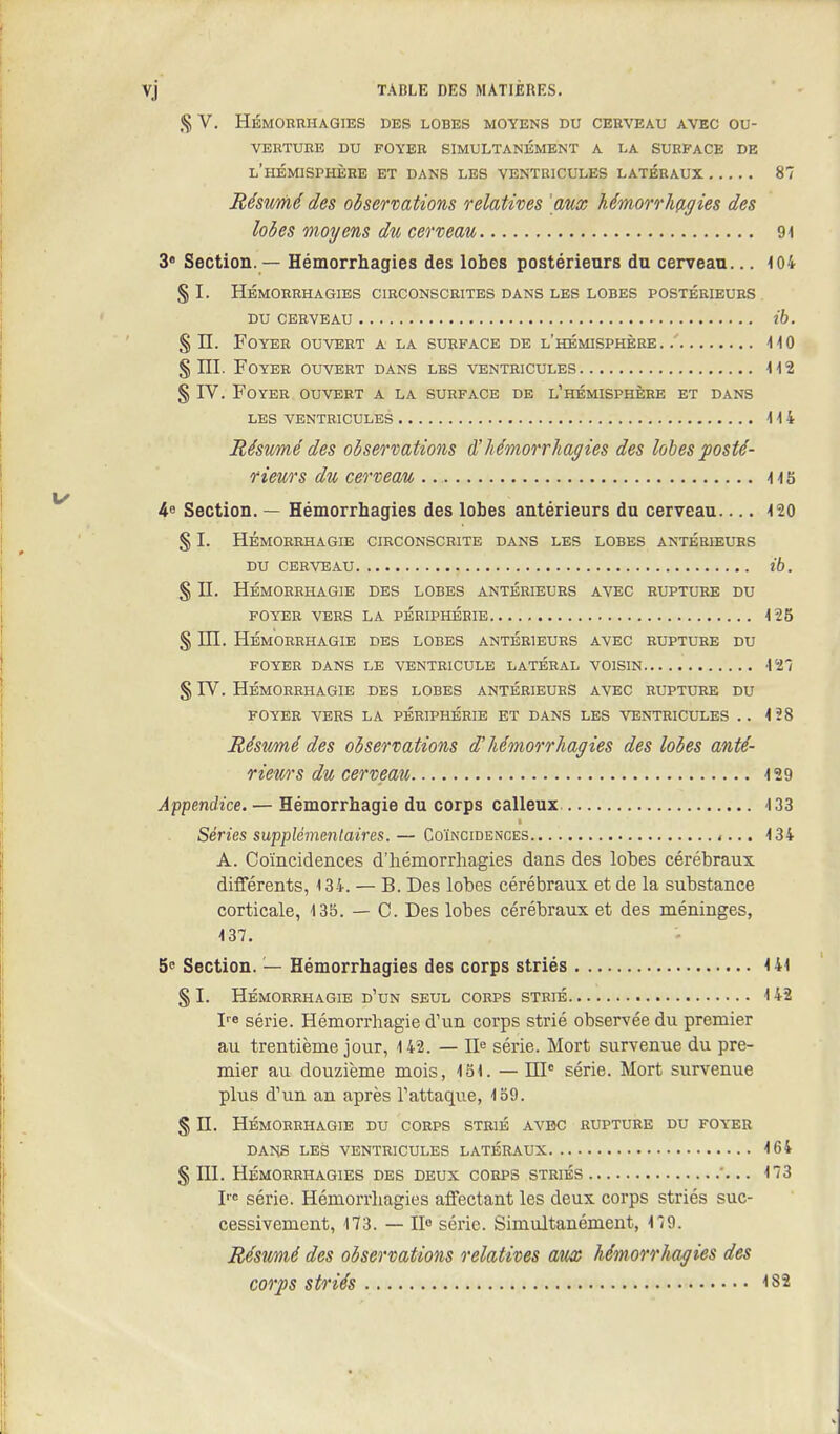 § V. HEMORRHAGIES DES LOBES MOYENS DU CERVEAU AVEC OU- VERTURE DU FOYER SIMULTANEMENT A LA SURFACE DE l'HEMISPHERE ET DANS LES VENTRICULES LATERAUX 87 Re'sume' des observations relatives aux hemorrhagies des lobes moi/ens du cerveau 91 3e Section. — Hemorrhagies des lobes posterieurs du cerveau... 104 § I. Hemorrhagies circonscrites dans les lobes posterieurs du cerveau ib. §11. Foyer ouvert a la surface de l'hemisphere. . 110 § ILL Foyer ouvert dans les ventricules 112 § LV. Foyer ouvert a la surface de ^hemisphere et dans LES VENTRICULES 114 Re'sume des observations d'Mmorrhagies des lobes postt- rieurs du cerveau 11S 4 Section. — Hemorrhagies des lobes anterieurs du cerveau 120 § I. HEMORRHAGIE CIRCONSCRITE DANS LES LOBES ANTERIEURS DU CERVEAU ib. % II. HEMORRHAGIE DES LOBES ANTERIEURS AVEC RUPTURE DU FOYER VERS LA PERIPHERIE 125 § HI. HEMORRHAGIE DES LOBES ANTERIEURS AVEC RUPTURE DU FOYER DANS LE VENTRICULE LATERAL VOISIN 127 § LV. HEMORRHAGIE DES LOBES ANTERIEURS AVEC RUPTURE DU FOYER VERS LA PERIPHERIE ET DANS LES VENTRICULES . . 128 Re'sume' des observations d'hemorrhagies des lobes anU- rieurs du cerveau 129 Appendice. — Hemorrhagic du corps calleux 133 Series supplement aires. — Coincidences (... 134 A. Coincidences d'hemorrhagies dans des lobes cerebraux differents, 134. — B. Des lobes cerebraux et de la substance corticale, 135. — C. Des lobes cerebraux et des meninges, 137. 5 Section. — Hemorrhagies des corps stries 141 § I. HEMORRHAGIE d'uN SEUL CORPS STRIE 1 42 Ire serie. Hemorrhagic d'un corps strie observee du premier au trentieme jour, 142. — ne serie. Mort survenue du pre- mier au douzieme mois, 151. — HI0 serie. Mort survenue plus d'un an apres Lattaque, 159. § LI. HEMORRHAGIE DU CORPS STRIE AVBC RUPTURE DU FOYER DANS LES VENTRICULES LATERAUX ^64 § III. Hemorrhagies des deux corps stries '... 173 I™ serie. Hemorrhagies affectant les deux corps stries suc- cessivemcnt, 173. — 11° serie. Simultanement, 179. Re'sume des observations relatives aux hemorrhagies des corps strips <S2