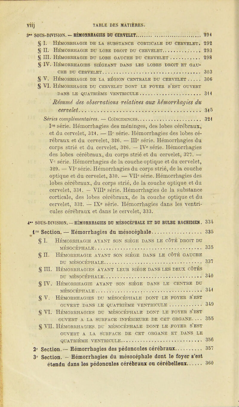 SOUS-DIVISION. — HEMORRHAGES DU CERVELET 291 § I. HEMORRHAGIE DE LA SUBSTANCE CORTICALE DU CERVELET. 292 § II. HEMORRHAGIE DU LOBE DROIT DU CERVELET 293 § III. HEMORRHAGIE DU LOBE GAUCHE DU CERVELET 298 § IV. Hemorrhages siegeant dans les lobes droit et gau- che DU CERVELET 303 § V. HEMORRHAGIE DE LA REGION CENTRALE DU CERVELET 306 § VI. HEMORRHAGIE DU CERVELET DONT LE FOYER SEST OUVERT DANS LE QUATRIEME VENTRICULE 311 Rdsum4 des observations relatives aux Mmorrhagies du cervelet 315 Series complementaires. — Coincidences 321 Ire serie. Hemorrhagies des meninges, des lobes cerebraux, et da cervelet, 321. — H serie. Hemorrhagies des lobes ce- rebraux et du cervelet, 326. — ine serie. Hemorrhagies du corps strie et du cervelet, 326. — IVe serie. Hemorrhagies des lobes cerebraux, du corps strie et du cervelet, 327. — Ve serie. Hemorrhagies de la couche optique et du cervelet, 329. — VIe serie. Hemorrhagies du corps strie, de la couche optique et du cervelet, 330. — VQe serie. Hemorrhagies des lobes cerebraux, du corps strie, de la couche optique et du cervelet, 331. — VIIIe serie. Hemorrhagies de la substance corticale, des lobes cerebraux, de la couche optique et du cervelet, 332. — IXe serie. Hemorrhagies dans les ventri- cules cerebraux et dans le cervelet, 333. SOUS-DIVISION. — HEMORRHAGIES DO MESOCEPHALE ET DO BOLBE RACHIDIEN. 334 lre Section. — Hemorrhagies du mesocephale 335 § I. HEMORRHAGIE AYANT SON SIEGE DANS LE COTE DROIT DU MESOCEPHALE 335 § II. HEMORRHAGIE AYANT SON SIEGE DANS LE COTE GAUCHE DU MESOCEPHALE 337 § in. Hemorrhagies ayant leur siege dans les deux cotes DU MESOCEPHALE 340 § IV. HEMORRHAGIE AYANT SON SIEGE DANS LE CENTRE DU MESOCEPHALE 341 § V. Hemorrhagies du mesocephale dont le foyer s'est OUVERT DANS LE QUATRIEME VENTRICULE 349 § VI. Hemorrhagies du mesocephale dont le foyer s'est OUVERT A LA SURFACE 1NFERIEURE DE CET ORGANE. ... 355 § VII. Hemorrhagies. du mesocephale dont le foyer s'est OUVERT A LA SURFACE DE CET ORGANE ET DANS LE QUATRIEME VENTRICULE 356 2° Section. — Hemorrhagies des pedoncules cerebraux 357 3 Section. - Hemorrhagies du mesocephale dont le foyer s'est etendu dans les pedoncnles cerebraux ou cerebelleux 360