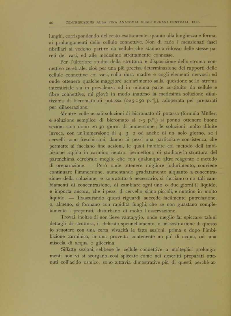 lunghi, corrispondendo del resto esattamente, quanto alia lunghezza e forma, ai prolungamenti delle cellule connettive. Non di rado i menzionati fasci fibrillari si vedono partire da cellule che stanno a ridosso delle stesse pa- red dei vasi, ed alle medesime strettamente connesse. Per l'ulteriore studio della struttura e disposizione dello stroma con- nettivo cerebrale, cioe per una piu precisa determinazione dei rapporti delle cellule connettive coi vasi, colla dura madre e cogli elementi nervosi; ed onde ottenere qualche maggiore schiarimento sulla questione se lo stroma interstiziale sia in prevalenza od in minima parte costituito da cellule e fibre connettive, mi giovd in modo inatteso la medesima soluzione dilui- tissima di bicromato di potassa (025-050 p. °|0), adoperata pei preparati per dilacerazione. Mentre colle usuali soluzioni di bicromato di potassa (formula Miiller, e soluzione semplice di bicromato al 2-3 p.°|0) si ponno ottenere buone sezioni solo dopo 20-30 giorni di immersione; le soluzioni molto diluite invece, con un'immersione di 4, 3, 2 od anche di un solo giorno, se i cervelli sono freschissimi, danno ai pezzi una particolare consistenza, che permette si facciano fine sezioni, le quali imbibite col metodo dell' imbi- bizione rapida in carmino neutro, permettono di studiare la struttura del parenchima cerebrale meglio che con qualunque altro reagente e metodo di preparazione. — Pero onde ottenere migliore indurimento, conviene continuare 1'immersione, aumentando gradatamente alquanto a concentra- zione della soluzione, e sopratutto e necessario, si facciano o no tali cam- biamenti di concentrazione, di cambiare ogni uno o due giorni il liquido, e importa ancora, che i pezzi di cervello siano piccoli, e nuotino in molto liquido. — Trascurando questi riguardi succede facilmente putrefazione, o, almeno, si formano con rapidita funghi, che se non guastano comple- tamente i preparati, disturbano di molto l'osservazione. Trovai inoltre di non lieve vantaggio, onde meglio far spiccare taluni dettagli di struttura, il delicato spennellamento, o, in sostituzione di questo lo scuotere con una certa vivacita. le fatte sezioni, prima e dopo l'imbi- bizione carminica, in una provetta contenente un po' di acqua, od una miscela di acqua e glicerina. Siffatte sezioni, sebbene le cellule connettive a molteplici prolunga- menti non vi si scorgano cosi spiccate come nei descritti preparati otte- nuti coll'acido osmico, sono tuttavia dimostrative piu di questi, perche at-