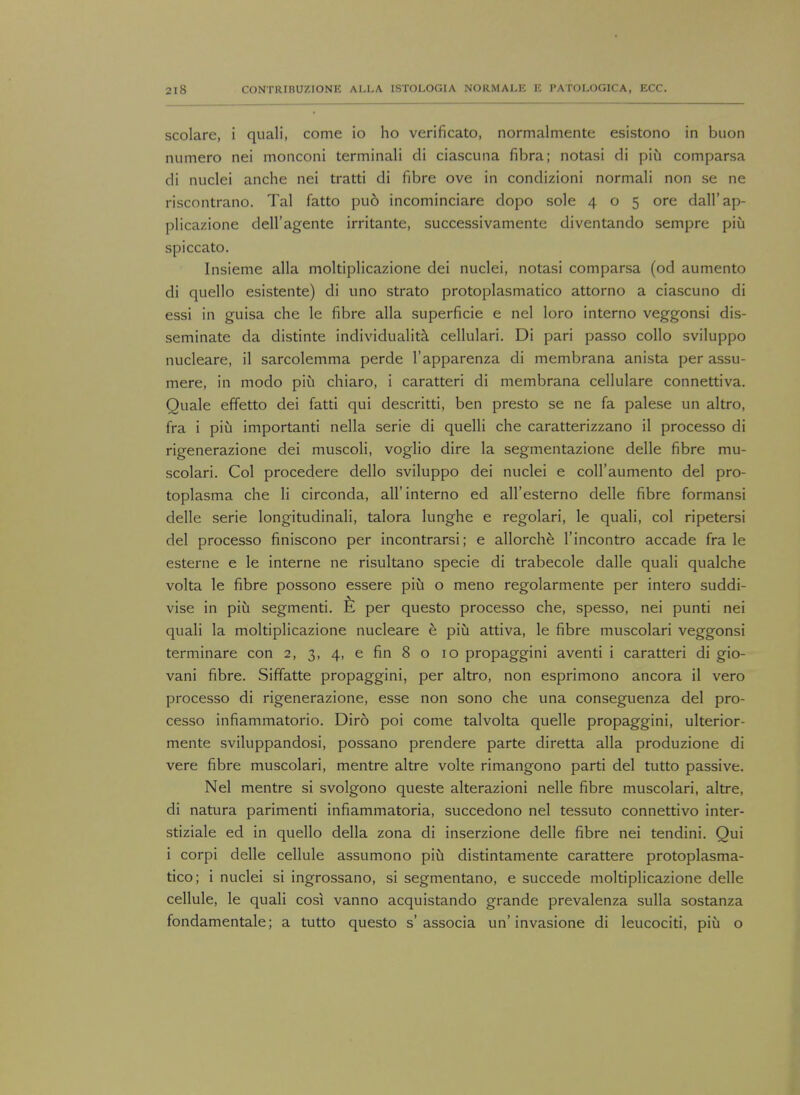 scolare, i quali, come io ho verificato, normalmente esistono in buon numero nei monconi terminali di ciascuna fibra; notasi di piu comparsa di nuclei anche nei tratti di fibre ove in condizioni normali non se ne riscontrano. Tal fatto pud incominciare dopo sole 405 ore dall'ap- plicazione clell'agente irritante, successivamente diventando sempre piu spiccato. Insieme alia moltiplicazione dei nuclei, notasi comparsa (od aumento di quello esistente) di uno strato protoplasmatico attorno a ciascuno di essi in guisa che le fibre alia superficie e nei loro interno veggonsi dis- seminate da distinte individuality cellulari. Di pari passo collo sviluppo nucleare, il sarcolemma perde l'apparenza di membrana anista per assu- mere, in modo piu chiaro, i caratteri di membrana cellulare connettiva. Quale effetto dei fatti qui descritti, ben presto se ne fa palese un altro, fra i piu importanti nella serie di quelli che caratterizzano il processo di rigenerazione dei muscoli, voglio dire la segmentazione delle fibre mu- scolari. Col procedere dello sviluppo dei nuclei e coH'aumento del pro- toplasma che li circonda, all'interno ed all'esterno delle fibre formansi delle serie longitudinali, talora lunghe e regolari, le quali, col ripetersi del processo finiscono per incontrarsi; e allorche l'incontro accade fra le esterne e le interne ne risultano specie di trabecole dalle quali qualche volta le fibre possono essere piu o meno regolarmente per intero suddi- vise in piu segmenti. per questo processo che, spesso, nei punti nei quali la moltiplicazione nucleare e piu attiva, le fibre muscolari veggonsi terminare con 2, 3, 4, e fin 8 o 10 propaggini aventi i caratteri di gio- vani fibre. Siffatte propaggini, per altro, non esprimono ancora il vero processo di rigenerazione, esse non sono che una conseguenza del pro- cesso infiammatorio. Diro poi come talvolta quelle propaggini, ulterior- mente sviluppandosi, possano prendere parte diretta alia produzione di vere fibre muscolari, mentre altre volte rimangono parti del tutto passive. Nei mentre si svolgono queste alterazioni nelle fibre muscolari, altre, di natura parimenti infiammatoria, succedono nei tessuto connettivo inter- stiziale ed in quello della zona di inserzione delle fibre nei tendini. Qui i corpi delle cellule assumono piu distintamente carattere protoplasma- tico; i nuclei si ingrossano, si segmentano, e succede moltiplicazione delle cellule, le quali cost vanno acquistando grande prevalenza sulla sostanza fondamentale; a tutto questo s'associa un'invasione di leucociti, piu o