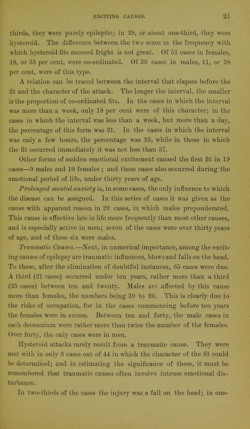 thirds, they were purely epileptic; in 29, or about one-third, they were hysteroid. The difference between the two sexes in the frequency with which hysteroid fits succeed fright is not great. Of 51 cases in females, 18, or 35 per cent, were co-ordinated. Of 39 cases in males, 11, or 28 per cent, were of this type. A relation can be traced between the interval that elapses before the fit and the character of the attack. The longer the interval, the smaller is the proportion of co-ordinated fits. In the cases in which the interval was more than a week, only 18 per cent were of this character; in the cases in which the interval was less than a week, but more than a day, the percentage of this form was 21. In the cases in which the interval was only a few hours, the percentage was 25, while in those in which the fit occurred immediately it was not less than 57. Other forms of sudden emotional excitement caused the first fit in 19 cases—9 males and 10 females ; and these cases also occurred during the emotional period of life, under thirty years of age. Pi'olonged mental anxiety is, in some cases, the only influence to which the disease can be assigned. In this series of cases it was given as the cause with apparent reason in 29 cases, in which males preponderated. This cause is effective late in life more frequently than most other causes, and is especially active in men; seven of the cases were over thirty years of age, and of these six were males. Traumatic Causes.—Next, in numerical importance, among the excit- ing causes of epilepsy are traumatic influences, blows and falls on the head. To these, after the elimination of doubtful instances, 65 cases were due. A third (21 cases) occurred under ten years, rather more than a third (25 cases) between ten and twenty. Males are affected by this cause more than females, the numbers being 39 to 26. This is clearly due to the risks of occupation, for in the cases commencing before ten years the females were in excess. Between ten and forty, the male cases in each decennium were rather more than twice the number of the females. Over forty, the only cases were in men. Hysteroid attacks rarely result from a traumatic cause. They were met with in only 6 cases out of 44 in which the character of the fit could be determined; and in estimating the significance of these, it must be remembered that traumatic causes often involve intense emotional dis- turbance. In two-thirds of the cases the injury was a fall on the head; in one-