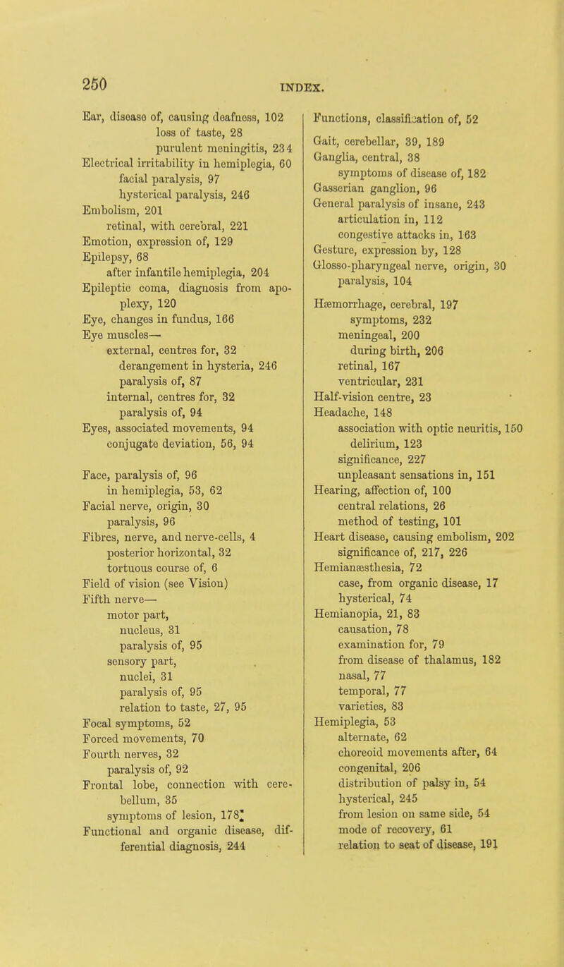 Ear, tliaoaao of, causing doafnoss, 102 loss of tasto, 28 purulent meningitis, 234 Electrical irritability in hemiplegia, 60 facial paralysis, 97 hysterical paralysis, 246 Embolism, 201 retinal, with cerebral, 221 Emotion, expression of, 129 Epilepsy, 68 after infantile hemiplegia, 204 Epileptic coma, diagnosis from apo- plexy, 120 Eye, changes in fundus, 166 Eye muscles— external, centres for, 32 derangement in hysteria, 246 paralysis of, 87 internal, centres for, 32 paralysis of, 94 Eyes, associated movements, 94 conjugate deviation, 56, 94 Face, paralysis of, 96 in hemiplegia, 53, 62 Facial nerve, origin, 30 paralysis, 96 Fibres, nerve, and nerve-cells, 4 posterior horizontal, 32 tortuous course of, 6 Field of vision (see Vision) Fifth nerve— motor part, nucleus, 31 paralysis of, 95 sensory part, nuclei, 31 paralysis of, 95 relation to taste, 27, 95 Focal symptoms, 52 Forced movements, 70 Fourth nerves, 32 paralysis of, 92 Frontal lobe, connection with cere- bellum, 35 symptoms of lesion, 178^ Functional and organic disease, dif- ferential diagnosis, 244 Functions, classification of, 52 Gait, cerebellar, 39, 189 Ganglia, central, 38 symptoms of disease of, 182 Gasserian ganglion, 96 General paralysis of insane, 243 articulation in, 112 congestive attacks in, 163 Gesture, expression by, 128 Glosso-pharyngeal nerve, origin, 30 paralysis, 104 Hsemon-liage, cerebral, 197 symptoms, 232 meningeal, 200 during birth, 206 retinal, 167 ventricular, 231 Half-vision centre, 23 Headache, 148 association with optic neuritis, 150 delirium, 123 significance, 227 unpleasant sensations in, 151 Hearing, affection of, 100 centi-al relations, 26 method of testing, 101 Heart disease, causing embolism, 202 significance of, 217, 226 Hemianeesthesia, 72 case, from organic disease, 17 hysterical, 74 Hemiauopia, 21, 83 causation, 78 examination for, 79 from disease of thalamus, 182 nasal, 77 temporal, 77 varieties, 83 Hemiplegia, 53 alternate, 62 choreoid movements after, 64 congenital, 206 distribution of palsy in, 54 hysterical, 245 from lesion on same side, 54 mode of recovery, 61 relation to seat of disease, 191