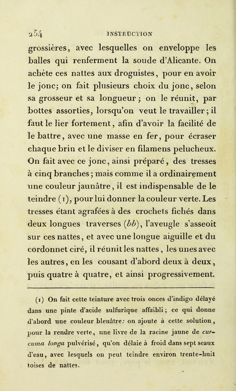 a 54 INSTRUCTION grossieres, avec lesquelles on enveloppe les balles qui renferment la soude d'Alicante. On achete ces nattes aux droguistes, pour en avoir le jonc; on fait plusieurs choix du jonc, selon sa grosseur et sa longueur -7 on le reunit, par bottes assorties, lorsqu'on veut le travailler; il faut le Her fortement, afin d'avoir la facilite de le battre, avec une masse en fer, pour ecraser chaque brin et le diviser en filamens pelucheux. On fait avec ce jonc, ainsi prepare, des tresses a cinq branches; mais comme il a ordinairement une couleur jaunatre, il est indispensable de le teindre (1), pour lui donner la couleur verte. Les tresses etant agrafees a des crochets fiches dans deux longues traverses (bb), l'aveugle s'asseoit sur ces nattes, et avec une longue aiguille et du cordonnet cire, il reunit les nattes, les unes avec les autres, en les cousant d'abord deux a deux, puis quatre a quatre, et ainsi progressivement. (1) On fait cette teinture avec trois onces d'indigo delaye dans une pinte d'acide sulfurique affaibli; ce qui donne d'abord une couleur bleuatre: on ajoute a cette solution, pour la rendre verte, une livre de la racine jaune de cur- cuma longa pulverise, qu'on delaie a froid dans sept seaux d'eau, avec lesquels on peut teindre environ trente-huit loises de nattes.