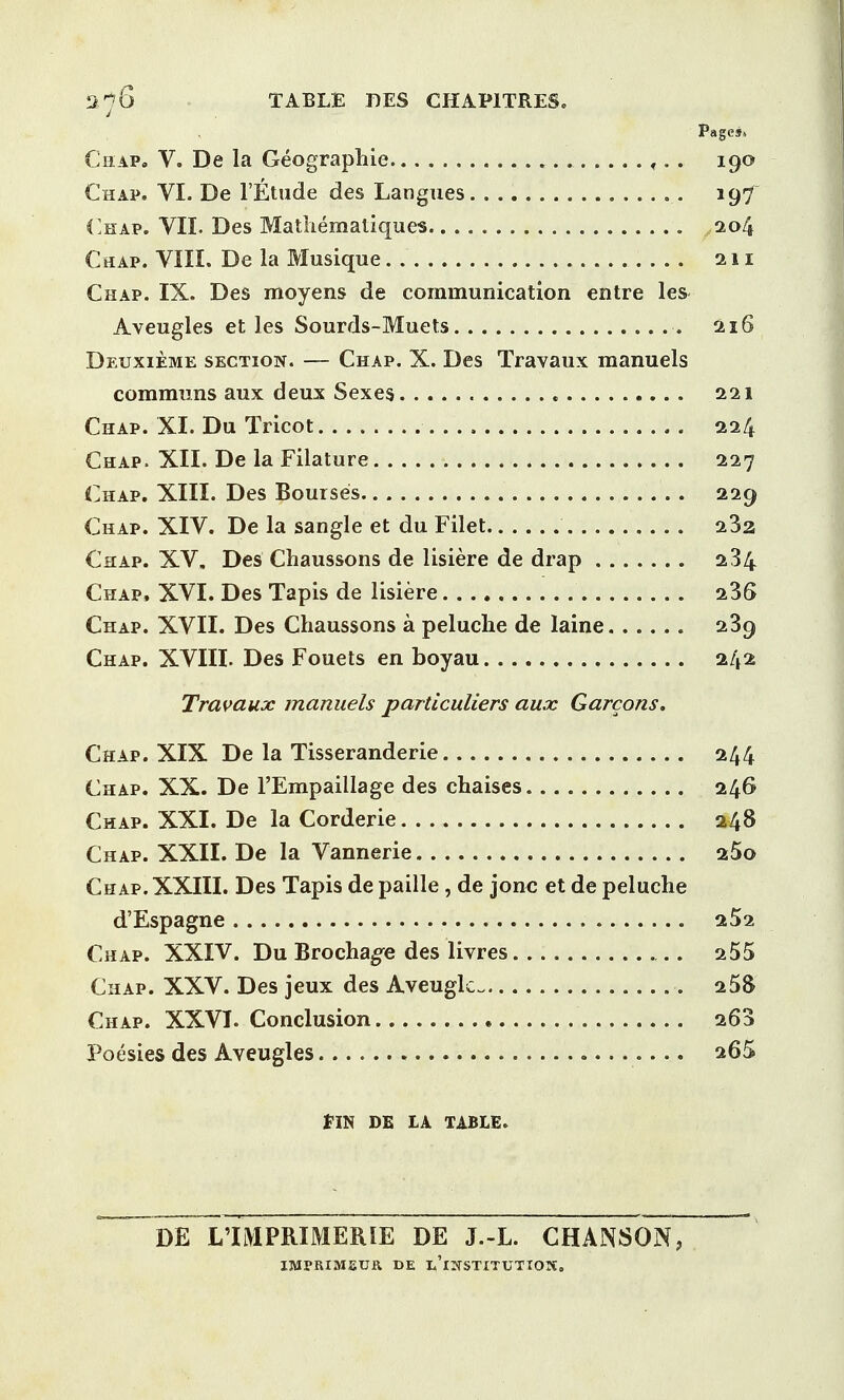 0.16 TABLE DES CHAP1TRES. j Pages* Chap. V. De la Geographie f. . 190 Chap. VI. De l'Etude des Langues 19f Chap. VII. Des Mathematiques 204 Chap. VIII. De la Musique. . 211 Chap. IX. Des moyens de communication entre les Aveugles et les Sourds-Muets 216 Deuxieme section. — Chap. X. Des Travaux manuels commnns aux deux Sexes 221 Chap. XI. Du Tricot 224 Chap. XII. De la Filature 227 Chap. XIII. Des Bourses 229 Chap. XIV. De la sangle et du Filet 232 Chap. XV, Des Chaussons de lisiere de drap 234 Chap, XVI. Des Tapis de lisiere 236 Chap. XVII. Des Chaussons a peluche de laine 239 Chap. XVIII. Des Fouets en boyau 242 Travaux manuels particuliers aux Garcons. Chap. XIX De la Tisseranderie 244 Chap. XX. De l'Empaillage des chaises 246 Chap. XXI. De la Corderie 248 Chap. XXII. De la Vannerie 25o Chap. XXIII. Des Tapis de paille, de jonc et de peluche d'Espagne 252 Chap. XXIV. Du Brochage des livres 255 Chap. XXV. Des jeux des Aveuglc 258 Chap. XXVI. Conclusion 263 Poesies des Aveugles 265 fIN DE LA TABLE. DE LTMPRIMERIE DE J.-L. CHANSON, IMrRIMSUft DE ^'INSTITUTION.