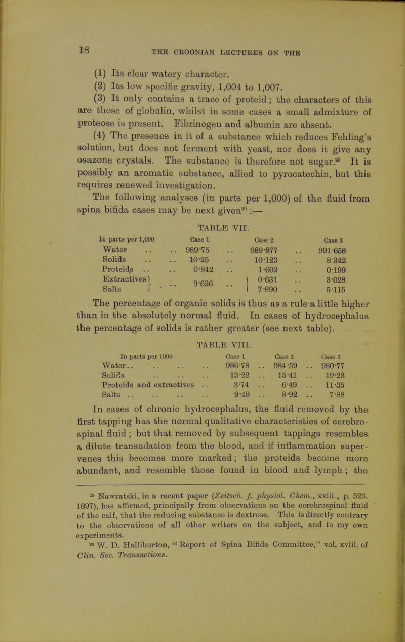 (1) Its clear watery character. (2) Its low specific gravity, 1,004 to 1,007. (3) It only contains a trace of proteid; the characters of this are those of globulin, whilst in some cases a small admixture of proteose is present. Fibrinogen and albumin are absent. (4) The presence in it of a substance which reduces Fehling's solution, but does not ferment with yeast, nor does it give any osazone crystals. The substance is therefore not sugar.25 It is possibly an aromatic substance, allied to pyrocatechin, but this requires renewed investigation. The following analyses (in parts per 1,000) of the fluid from spina bifida cases may be next given20:— TABLE VII. In parts per 1,000 Case 1 Case 2 Case 3 Water .. 989-75 989-877 991-658 Solids 10-25 10-123 8 342 Proteids 0-842 . 1-602 0199 Extractives) 9-626 | 0-631 3-028 Salts ; I 7-890 5115 The percentage of organic solids is thus as a rule a little higher than in the absolutely normal fluid. In cases of hydrocephalus the percentage of solids is rather greater (see next table). TABLE VIII. In parts per 1000 Case 1 Case 2 Case 3 Water.. 986-78 .. 984-59 .. 980-77 Solids 13-22 .. 15-41 .. 19-23 Proteids and extractives .. 3-74 .. 6 49 .. 11-35 Salts 9-48 .. 8-92 .. 7'88 In cases of chronic hydrocephalus, the fluid removed by the first tapping has the normal qualitative characteristics of cerebro- spinal fluid ; but that removed by subsequent tappings resembles a dilute transudation from the blood, and if inflammation super- venes this becomes more marked; the proteids become more abundant, and resemble those found in blood and lymph ; the B Nawratski, in a recent paper (Zeitsch. f. physiol. diem., xxiii., p. 523. 1897), has affirmed, principally from observations on the cerebrospinal fluid of the calf, that the reducing substance is dextrose. This is directly contrary to the observations of all other writers on the subject, and to my own experiments. 24 W. D. Halliburton,  Report of Spina Bifida Committee, vol. xviii. of Clin. Soc. Transactions.