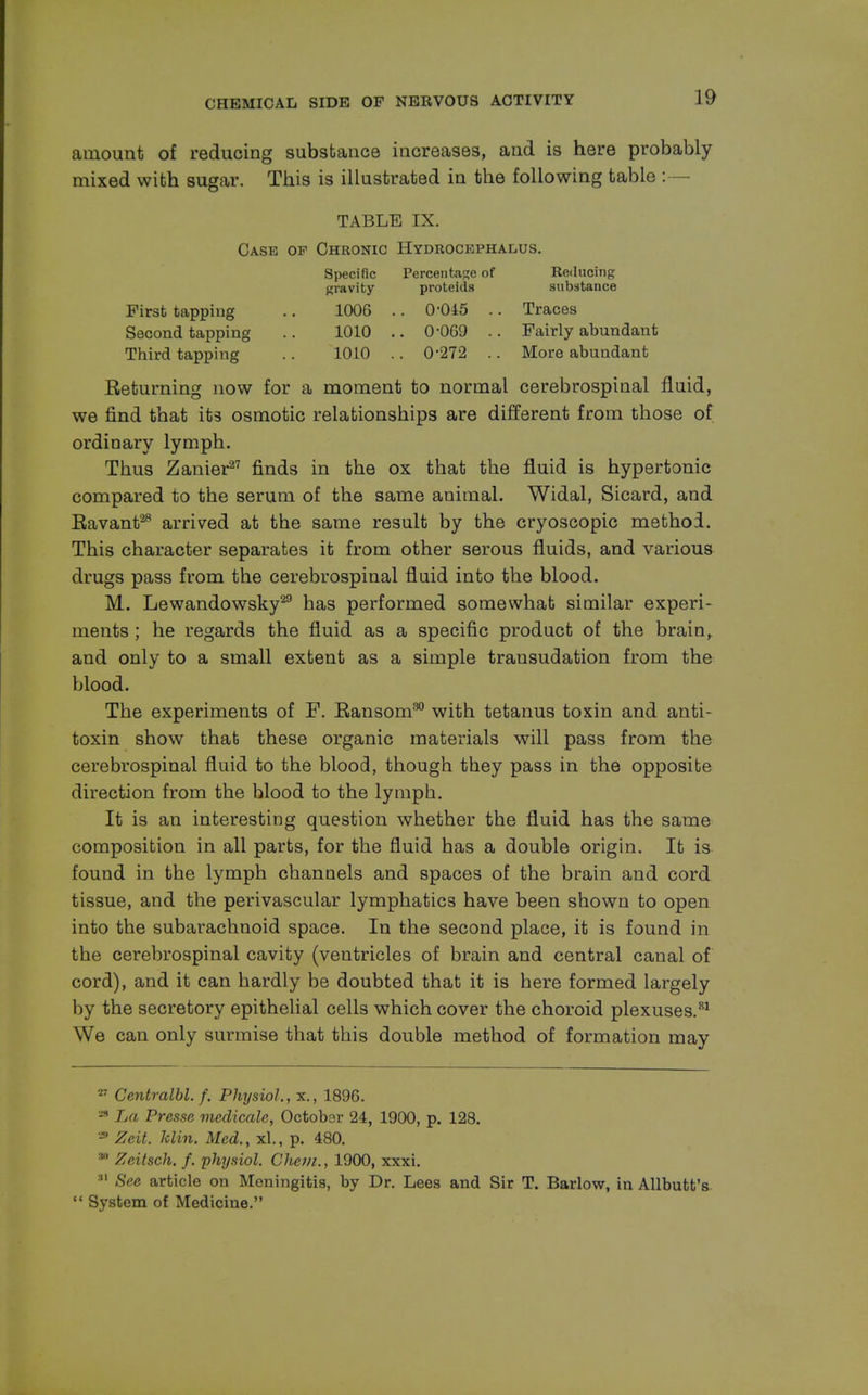 amount of reducing substance increases, and is here probably mixed with sugar. This is illustrated in the following table :— TABLE IX. Case of Chronic Hydrocephalus. Specific Percentage of Reducing gravity proteids substance First tapping .. 1006 .. 0-045 .. Traces Second tapping .. 1010 .. 0-069 .. Fairly abundant Third tapping .. 1010 .. 0-272 .. More abundant Returning now for a moment to normal cerebrospinal fluid, we find that its osmotic relationships are different from those of ordinary lymph. Thus Zanier27 finds in the ox that the fluid is hypertonic compared to the serum of the same animal. Widal, Sicard, and Ravant28 arrived at the same result by the cryoscopic method. This character separates it from other serous fluids, and various drugs pass from the cerebrospinal fluid into the blood. M. Lewandowsky29 has performed somewhat similar experi- ments ; he regards the fluid as a specific product of the brain,, and only to a small extent as a simple transudation from the blood. The experiments of F. Ransom30 with tetanus toxin and anti- toxin show that these organic materials will pass from the cerebrospinal fluid to the blood, though they pass in the opposite direction from the blood to the lymph. It is an interesting question whether the fluid has the same composition in all parts, for the fluid has a double origin. It is found in the lymph channels and spaces of the brain and cord tissue, and the perivascular lymphatics have been shown to open into the subarachnoid space. In the second place, it is found in the cerebrospinal cavity (ventricles of brain and central canal of cord), and it can hardly be doubted that it is here formed largely by the secretory epithelial cells which cover the choroid plexuses.81 We can only surmise that this double method of formation may 27 Centralbl. /. Physiol, x., 1896. -, La Presse medicale, October 24, 1900, p. 128. M Zeit. him. Med., xl., p. 480. 30 Zeitsch. f. physiol. Chem., 1900, xxxi. *' See article on Meningitis, by Dr. Lees and Sir T. Barlow, in Allbutt's  System of Medicine.
