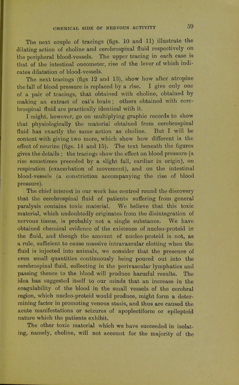 The next couple of tracings (figs. 10 and 11) illustrate the dilating action of choline and cerebrospinal fluid respectively on the peripheral blood-vessels. The upper tracing in each case is that of the intestinal oncometer, rise of the lever of which indi- cates dilatation of blood-vessels. The next tracings (figs 12 and 13), show how after atropine the fall of blood pressure is replaced by a rise. I give only one of a pair of tracings, that obtained with choline, obtained by making an extract of cat's brain ; others obtained with cere- brospinal fluid are practically identical with it. I might, however, go on multiplying graphic records to show that physiologically the material obtained from cerebrospinal fluid has exactly the same action as choline. But I will be content with giving two more, which show how different is the effect of neurine (figs. 14 and 15). The text beneath the figures gives the details ; the tracings show the effect on blood pressure (a rise sometimes preceded by a slight fall, cardiac in origin), on respiration (exacerbation of movement), and on the intestinal blood-vessels (a constriction accompanying the rise of blood pressure). The chief interest in our work has centred round the discovery that the cerebrospinal fluid of patients suffering from general paralysis contains toxic material. We believe that this toxic material, which undoubtedly originates from the disintegration of nervous tissue, is probably not a single substance. We have obtained chemical evidence of the existence of nucleo-proteid in the fluid, and though the amount of nucleo-proteid is not, as a rule, sufficient to cause massive intravascular clotting when the fluid is injected into animals, we consider that the presence of even small quantities continuously being poured out into the cerebrospinal fluid, collecting in the perivascular lymphatics and passing thence to the blood will produce harmful results. The idea has suggested itself to our minds that an increase in the coagulability of the blood in the small vessels of the cerebral region, which nucleo-proteid would produce, might form a deter- mining factor in promoting venous stasis, and thus are caused the acute manifestations or seizures of apoplectiform or epileptoid nature which the patients exhibit. The other toxic material which we have succeeded in isolat- ing, namely, choline, will not account for the majority of the
