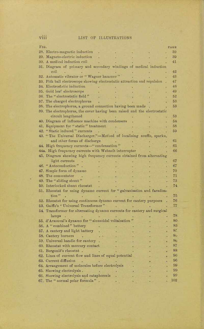 FlQ. Vi.QV 28. Eleetro-magnefcic induction . . . . .39 29. Magneto-electric induction . . . . .39 30. A medical induction coil . . . . .41 31. Diagram of primary and secondary windings of medical induction coil . . . . . . .42 32. Automatic vibrator or  Wagner hammer  . . .43 33. Pith ball electroscope showing electrostatic attraction and repulsion . 47 34. Electros'tiitic induction . . . . .48 35. Gold leaf electroscope . . . . .49 36. The electrostatic field . . , . .52 37. The charged electrophorus . . . . .53 38. The electrophorus, a ground connection having been made . . 53 39. The electrophorus, the cover having been raised and the electrostatic circuit lengthened . . . . .53 40. Diagram of influence machine with condensers . . .54 41. Equipment for  static treatment . . . .58 42.  Static induced currents . . . . .59 43. The Universal Dischai-ger.—Method of localising soufile, sparks, and other forms of discharge . . . .61 44. High frequency currents— condensation  . . .65 44a. High frequency cuiTents with Wehnelt interrupter . . 66 45. Diagram showing high frequency currents obtained from alternating light currents . . . . . .67 46.  Autoconduction . . . . . .67 47. Simple form of dynamo . . . . .70 48. The commutator . . . . . .71 49. The sliding shunt . . . . . 73 50. Interlocked shunt rheostat . . . . .74 51. Rheostat for using dynamo current for  galvanisation and faradisa- tion . . . . . . .75 52. Rheostat for using continuous dynamo current for cautery purposes . 76 53. Gaiffe's Universal Transformer , . . .77 54. Transformer for alternating dynamo currents for cautery and surgical lamps . . . . . . .78 55. d'Arsonval's dynamo for  sinusoidal voltaisation  . .80 56. A  combined battery . . . . .83 57. A cautery and light battery . . . . .8.' 58. Cautery burners . . . . . .80 59. Universal handle for cautery . . . . .8b 60. Rheostat with mercury contact . . . .87 61. Bergonie's rheostat . . . . . .88 62. Lines of current flow and lines of equal potential . . 96 63. Current diffusion . . . . . .96 64. Arrangement of molecules before electrolysis . . .99 65. Showing electrolysis. . . . . .99 66. Showing electrolysis and cataphoresis . . . .99 67. The normal polar formula . . . . .102