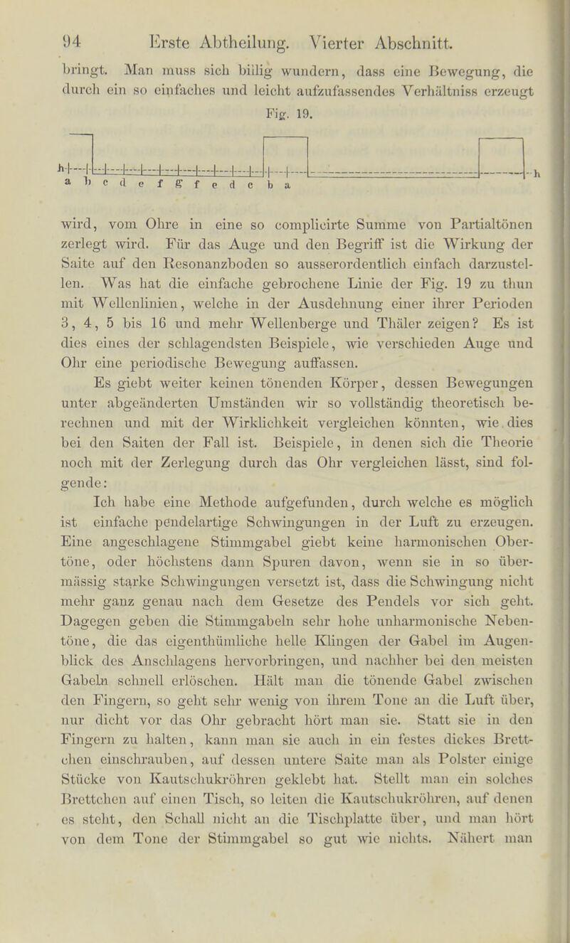 Fig. 18. aus drei geradcn Linien zusanunengcsetzt, und wollte man die Ge- schwindigkeit der einzelnen Saitenpunkte durch Schwingungscurvcn ausdrucken, so wurden diese ahnlich ausfallen. Unmittclbar uber- tr/igt nun die Saite kaum einen merklichen Theil ihrer Bewegung an die Luft; denn cine Saite, dercn Enden auf zwei ganz unbeweg- lichen TJnterlagen ruken, z. B. auf metallenen Stegen, die an der Mauer des Zimmers befestigt sind, giebt kaum einen horbaren Ton. Der Schall der Saite gelangt an die Luft vielmehr nur durch dasjenige ibrer En- den, welches mittels eines Steges auf einen nachgiebi- gen Resonanzboden gestiitzt ist. Der Klang der Saite Mngt also auch wesentlicb nur von der Bewegung die- ses Endes ab, bezieblicli von dem Drucke, den es auf den Resonanzboden ausiibt. Die Grosse dieses Druckes, wie er mit der Zeit periodisch wechselt, ist in Fig. 19 (a. f. S.) dargestellt. Die Linie lih soli der Hobe des Druckes ent- sprecben, welchen das Ende a der Saite, wiihrend sie rubt, auf den Steg ausiibt. Langs hh denke man sich Langen abgetragen, die der fortlaufcndcn Zeit entsprccben , die vcrticaleu Hohen der gebroche- nen Linie fiber odor unter h h stellen die den betrcffenden Zeitpunk- ten entsprecbonden Erhohungeri und Verminderungen des Druckes dar. Der Druck der Saite gegen den Resonanzboden wecbselt also, v;io die Fi gnr es darstelltj zwisclien einem liolieren und einem nicderen Wertbe. Eine Zeit Ian- herrscht der hohere Druck ohne sich zu andern, dann tritt pldtzlich der niedcre ein, der dann cbenfalls eine gcwisse Zeit lang unveWindcrt anhalt. Die Bucbstaben a bis # Fig. 19, entsprechen den ZeitpirakteD der Saitenfonnen A bis G, Fig. 18. Dieser Wcclisel zwisehen einem liolieren Druckgrade mid einem niederen ist es, welcher den Schall in der LuftmaBse hereof-