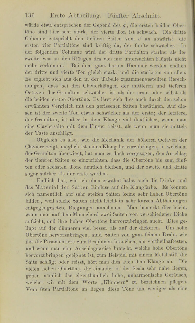 L w**m fa J*& fa Anscblagsstelle; die noch hoheren sind Qer sehr schwach. Ich lasse zur naheren Vergleichung hier einc TabeUe folgen, in welcher die Intensitat der Partialtone einer Lite fur verschiedene Anschlagsweisen theoretisch aus den m den Beilagen entwickelten Formeln berechnet istr Die Wirkung des Lseblags durcb den Hammer hangt ab von der Zeit, wahrend welcher er der Saite anliegt. Diese Zeit ist in der Tabelle ange- geben in Tbeilen der Schwingungsdauer des Grundtons. Ausser- dem findet sicb die Berecbnung fur eine mit dem Finger genssene Saite. Die Anscblagsstelle ist stets in Vt der Saitenlange ange- nominen. Theoretische Intensitat der Partialtone. Anscblag in 1/1 der Saitenlange. Orcl- nungs- zalil des Partial- tons Anscblag durch Reissen Anscblag durcb den Hammer, dessen Beriibrung dauert 3/7 I 3Ao I 3/u I 3/2o von der Schwingungsdauer des Grundtons Anschlag mit einem ganz harten Hammer 9' Ci 1 100 100 100 100 100 100 2 81,2 99,7 189,4 249 285,7 324,7 3 56,1 8,9 107,9 242,9 357,0 504,9 4 31,6 2,3 17,3 118,9 259,8 504,9 5 13,0 1,2 0,0 26,1 108,4 324,7 6 2,8 0,01 0,5 1,3 18,8 100,0 7 0,0 0,0 0,0 0,0 0,0 0,0 Der besseren Vergleichung wegen ist die Intensitat des Grund- tons immer gleicb 100 gesetzt worden. Ich habe die berecbnete Stiirke der Obertone verglichen mit ihrer Starke an dem scbon er- wi'ibnten Flugel, und gefunden, dass die erste mit */7 iiberschriebene Keihe etwa passt fur die Gegend des c. In noch hoherer Lage werden die Obertone noch schwacber, als in dieser Columne. Beim Anschlag der Taste c bekam ich den zweiten Ton stark, den drit- ten fast gar nicht mehr. Die zweite mit 3/io iiberschriebene Columne