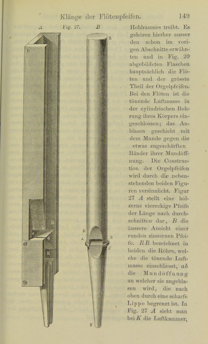 Man bcmerkt dies auch sowohl auf der Violine wie auf dem Cello dcutlicli, wenigstens for den tiefsten Eigenton, wonn man die ent- sprechenden Noten auf den Saiten hervorbringt. Sie klingen beson- ders voll, und der Grundton dieser Klange tritt besonders stark heraus. In schwiicherem Grade meine ich dasselbe aucli fur das a' der Violine, welches ihrein hoheren Eigentone entspricht, gehdrt zu baben. Da der tiefste Ton der Violine g ist, so konnen von den Ober- tonen ibrer Klange nur die hoheren Octaven ihrer drei tiefsten No- te© durch die Resonanz des hoheren Eigcntons ihres Luftraumes etwas verstiirkt werden, im Allgemeinen miissen dagegen die Grund- tone, nanientlicb ihrer hoheren Noten, den Obertonen gegeniiber be- gun'stigt werden, weil die genannten Grundtone den eigenen Tonen der Luftmasse naher liegen als die Obertone. Es wird dadurch eine ahnliche Wirkung wie am Claviere hervorgebracht, wo ebenfalls durch die Construction der Hammer die Obertone der tiefen Noten begiinstigt, die der hoheren geschwacht sind. Beim Cello, dessen tiefste Saite C giebt, liegt der starkere Eigenton der Luftmasse ebenso wie bei der Violine, eine Quai'te bis Quinte holier als der der tiefsten Saite. Es entsteht dadurch ein ahnlichcs Verhaltniss der begiinstigten und nicht begiinstigten Tone, aber alles eine Duo- decime tiefer. Bei der Bratsche dagegen liegen die am moisten be- giinstigten Tone, etwa dem h' entsprechend, nicht zwischen denen der efsten und zweiten Saite, sondern zwischen der zweiten und clritten, was mit der veranderton Klangfarbe dieses Instruments zu- zammenzuhaimen scheint. In Ziffern lasst sich dieser Einfluss lcider noch nicht ausdriicken. Sehr stark ist das Maximum der Resonanz fur die eigenen Tone der Luftmasse nicht gerade anSgesprochen; es wurde auch sonst eine viel grossere Ungleichartigkeit in derTonlei- ter der genannten Streichinstrumente hervorrnfen, sobald man den Theil der Scala passirte, in welchem die eigenen Time ihrer Luft- massen liegen. Demgemass ist zu vermuthen, dass auch der Ein- fluss auf die relative Starke der einzelnen Partialtone der K Hinge dieser Instrumente nicht sehr hervortretend ist. 5. Klange der Flotenpfeifen. Bei den in diese Classe gehorigen Instrunienten w ird der Ton kervorgebraoht dadurch, dass man einen Lnffcstrotn gegen die meist mit seharfen Randern verseliene Oell'nung eines mit Loft geiullten