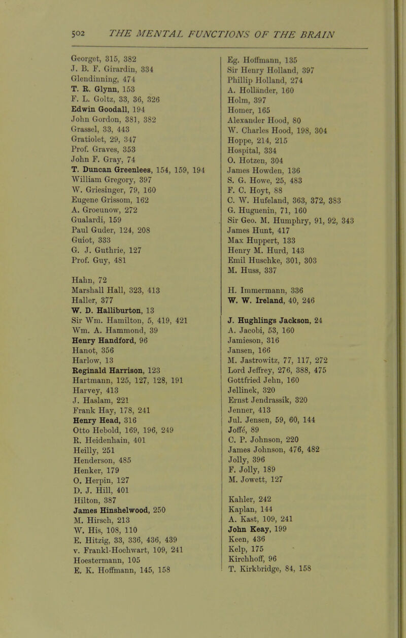 Georget, 315, 382 J. B. F. Givardin, 334 Glendinning, 474 T. R. Glynn, 153 F. L. Goltz, 33, 36, 326 Edwin Goodall, 194 John Gordon, 381, 382 Grassel, 33, 443 Gratiolet, 29, 347 Prof. Graves, 353 John F. Gray, 74 T. Duncan Greenlees, 154, 159, 194 William Gregory, 397 W. Griesinger, 79, 160 Eugene Grissom, 162 A. Groeunow, 272 Gualardi, 159 Paul Guder, 124, 208 Guiot, 333 G. J. Guthrie, 127 Prof. Guy, 481 Hahn, 72 Marshall Hall, 323, 413 Haller, 377 W. D. Halliburton, 13 Sir Wm. Hamilton, 5, 419, 421 Wm. A. Hammond, 39 Henry Handford, 96 Hanot, 356 Harlow, 13 Reginald Harrison, 123 Hartmann, 125, 127, 128, 191 Harvey, 413 J. Haslam, 221 Frank Hay, 178, 241 Henry Head, 316 Otto Heboid, 169, 196, 249 R. Heidenhain, 401 Heilly, 251 Henderson, 485 Henker, 179 0. Herpin, 127 D. J. Hill, 401 Hilton, 387 James Hinshelwood, 250 M. Hirsch, 213 W. His, 108, 110 E. Hitzig, 33, 336, 436, 439 v. Frankl-Hochwart, 109, 241 Hoestermann, 105 E. K. Hoffmann, 145, 158 Eg. Hoffmann, 135 Sir Henry Holland, 397 Phillip Holland, 274 A. Hollander, 160 Holm, 397 Homer, 165 Alexander Hood, 80 W. Charles Hood, 198, 304 Hoppe, 214, 215 Hospital, 334 O. Hotzen, 304 James Howden, 136 S. G. Howe, 25, 483 F. C. Hoyt, 88 C. W. Hufeland, 363, 372, 383 G. Huguenin, 71, 160 Sir Geo. M. Humphry, 91, 92, 343 James Hunt, 417 Max Huppert, 133 Henry M. Hurd, 143 Emil Huschke, 301, 303 M. Huss, 337 H. Immermann, 336 W. W. Ireland, 40, 246 J. Hughlings Jackson, 24 A. Jacobi, 53, 160 Jamieson, 316 Jansen, 166 M. Jastrowitz, 77, 117, 272 Lord Jeffrey, 276, 388, 475 Gottfried Jehn, 160 Jellinek, 320 Ernst Jendrassik, 320 Jenner, 413 Jul. Jensen, 59, 60, 144 Joffe, 89 C. P. Johnson, 220 James Johnson, 476, 482 Jolly, 396 F. Jolly, 189 M. Jowett, 127 Kahler, 242 Kaplan, 144 A. East, 109, 241 John Keay, 199 Keen, 436 Kelp, 175 Kirchhoff, 96 T. Kirkbridge, 84, 158