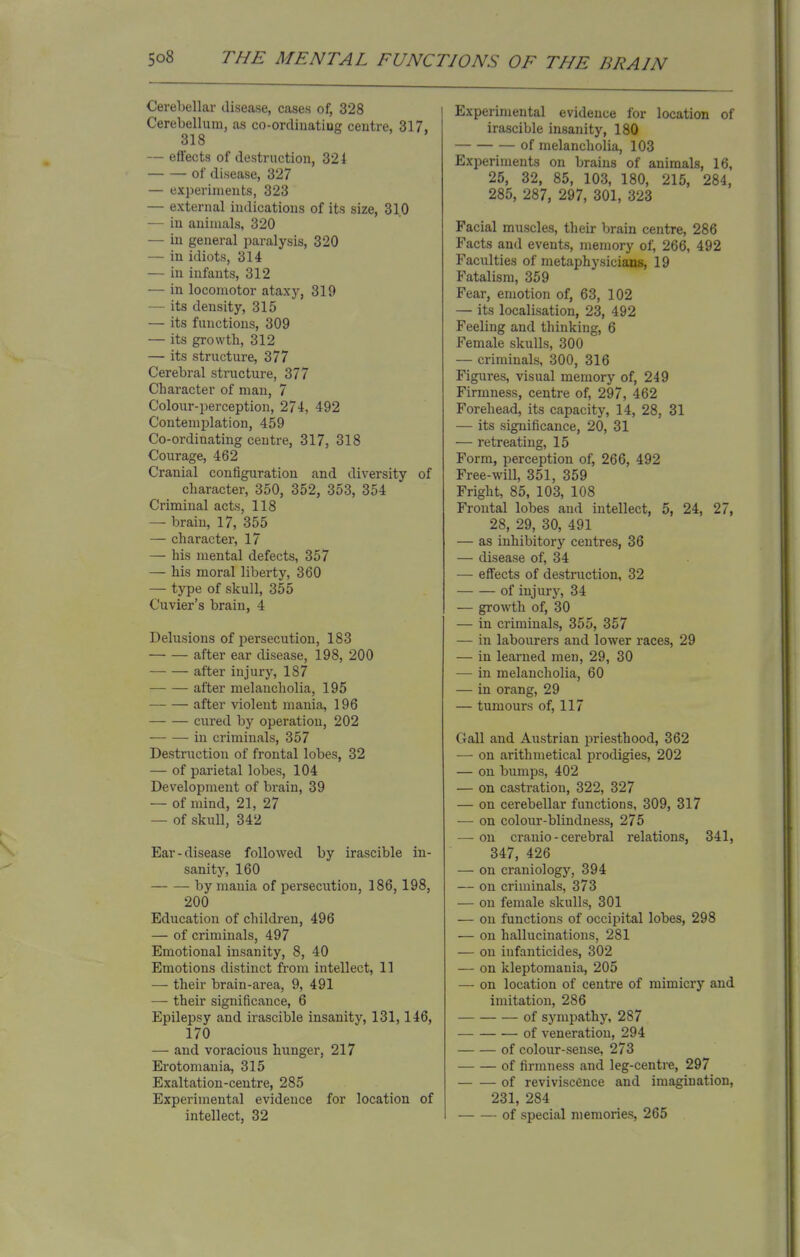 Cerebellar disease, cases of, 328 Cerebellum, as co-ordinating centre, 317, 318 — effects of destruction, 324 of disease, 327 — experiments, 323 — external indications of its size, 310 — in animals, 320 — in general paralysis, 320 — in idiots, 314 — in infants, 312 — in locomotor ataxy, 319 — its density, 315 — its functions, 309 — its growth, 312 — its structure, 377 Cerebral structure, 377 Character of man, 7 Colour-perception, 274, 492 Contemplation, 459 Co-ordinating centre, 317, 318 Courage, 462 Cranial configuration and diversity of character, 350, 352, 353, 354 Criminal acts, 118 — brain, 17, 355 — character, 17 — his mental defects, 357 — his moral liberty, 360 — type of skull, 355 Cuvier's brain, 4 Delusions of persecution, 183 after ear disease, 198, 200 after injury, 187 after melancholia, 195 after violent mania, 196 cured by operation, 202 in criminals, 357 Destruction of frontal lobes, 32 — of parietal lobes, 104 Development of brain, 39 — of mind, 21, 27 — of skull, 342 Ear-disease followed by irascible in- sanity, 160 by mania of persecution, 186,198, 200 Education of children, 496 — of criminals, 497 Emotional insanity, 8, 40 Emotions distinct from intellect, 11 — their brain-area, 9, 491 — their significance, 6 Epilepsy and irascible insanity, 131,146, 170 — and voracious hunger, 217 Erotomania, 315 Exaltation-centre, 285 Experimental evidence for location of intellect, 32 Experimental evidence for location of irascible insanity, 180 of melancholia, 103 Experiments on brains of animals, 16, 25, 32, 85, 103, 180, 215, 284, 285, 287, 297, 301, 323 Facial muscles, their brain centre, 286 Facts and events, memory of, 266, 492 Faculties of metaphysicians, 19 Fatalism, 359 Fear, emotion of, 63, 102 — its localisation, 23, 492 Feeling and thinking, 6 Female skulls, 300 — criminals, 300, 316 Figures, visual memory of, 249 Firmness, centre of, 297, 462 Forehead, its capacity, 14, 28, 31 — its significance, 20, 31 — retreating, 15 Form, perception of, 266, 492 Free-will, 351, 359 Fright, 85, 103, 108 Frontal lobes and intellect, 5, 24, 27, 28, 29, 30, 491 — as inhibitory centres, 36 — disease of, 34 — effects of destruction, 32 of injury, 34 — growth of, 30 — in criminals, 355, 357 — in labourers and lower races, 29 — in learned men, 29, 30 — in melancholia, 60 — in orang, 29 — tumours of, 117 Gall and Austrian priesthood, 362 — on arithmetical prodigies, 202 — on bumps, 402 — on castration, 322, 327 — on cerebellar functions, 309, 317 — on colour-blindness, 275 — on cranio - cerebral relations, 341, 347, 426 — on craniology, 394 — on criminals, 373 — on female skulls, 301 — on functions of occipital lobes, 298 — on hallucinations, 281 — on infanticides, 302 — on kleptomania, 205 — on location of centre of mimicry and imitation, 286 of sympathy, 287 of veneration, 294 of colour-sense, 273 of firmness and leg-centre, 297 of reviviscence and imagination, 231, 284 of special memories, 265