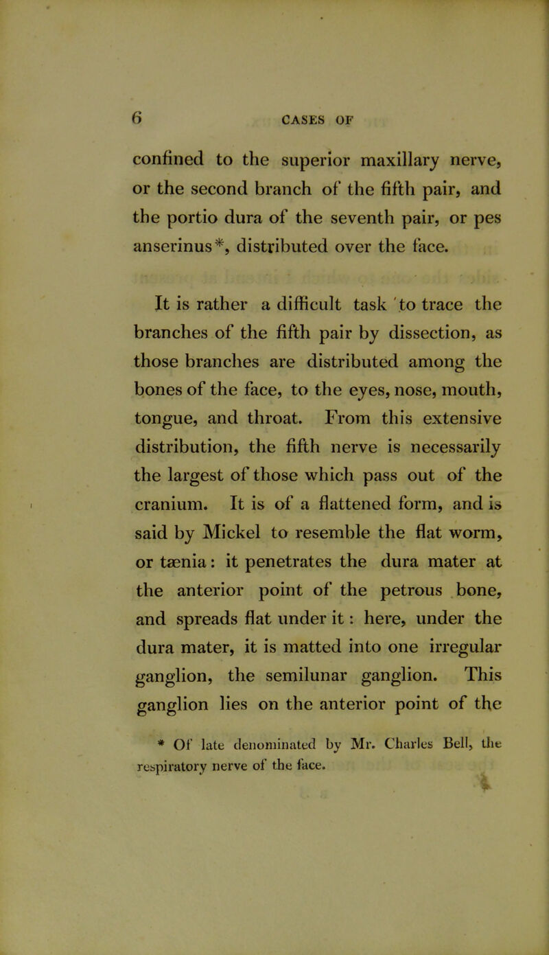 confined to the superior maxillary nerve, or the second branch of the fifth pair, and the portio dura of the seventh pair, or pes anserinus*, distributed over the face. It is rather a difficult task to trace the branches of the fifth pair by dissection, as those branches are distributed among the bones of the face, to the eyes, nose, mouth, tongue, and throat. From this extensive distribution, the fifth nerve is necessarily the largest of those which pass out of the cranium. It is of a flattened form, and is said by Mickel to resemble the flat worm, or taenia: it penetrates the dura mater at the anterior point of the petrous bone, and spreads flat under it: here, under the dura mater, it is matted into one irregular ganglion, the semilunar ganglion. This ganglion lies on the anterior point of the * Of late denominated by Mr. Charles Bell, the respiratory nerve of the face.