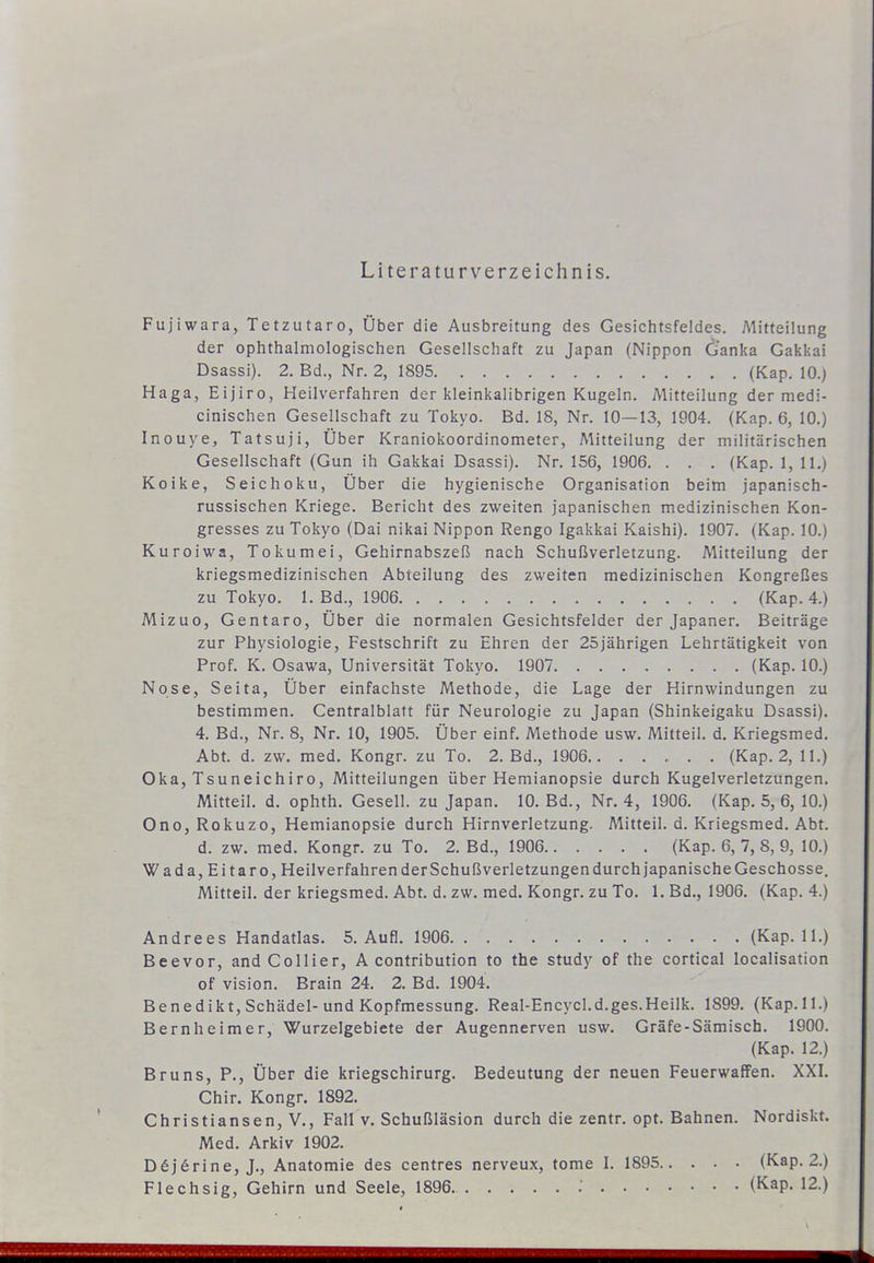 Literaturverzeichnis. Fujiwara, Tetzutaro, Über die Ausbreitung des Gesichtsfeldes. Mitteilung der ophthalmologischen Gesellschaft zu Japan (Nippon C/anka Gakkai Dsassi). 2. Bd., Nr. 2, 1895 (Kap, 10.) Haga, Eijiro, Heilverfahren der kleinkalibrigen Kugeln. Mitteilung der medi- cinischen Gesellschaft zu Tokyo. Bd. 18, Nr. 10—13, 1904. (Kap. 6, 10.) Inouye, Tatsuji, Über Kraniokoordinometer, Mitteilung der militärischen Gesellschaft (Gun ih Gakkai Dsassi). Nr. 156, 1906. . . . (Kap. 1, 11.) Koike, Seichoku, Über die hygienische Organisation beim japanisch- russischen Kriege. Bericht des zweiten japanischen medizinischen Kon- gresses zu Tokyo (Dai nikai Nippon Rengo Igakkai Kaishi). 1907. (Kap. 10.) Kuroiwa, Tokumei, Gehirnabszeß nach Schußverletzung. Mitteilung der kriegsmedizinischen Abteilung des zweiten medizinischen Kongreßes zu Tokyo. 1. Bd., 1906 (Kap. 4.) Mizuo, Gentaro, Über die normalen Gesichtsfelder der Japaner. Beiträge zur Physiologie, Festschrift zu Ehren der 25jährigen Lehrtätigkeit von Prof. K. Osawa, Universität Tokyo. 1907 (Kap. 10.) Nose, Seita, Über einfachste Methode, die Lage der Hirnwindungen zu bestimmen. Centralblatt für Neurologie zu Japan (Shinkeigaku Dsassi). 4. Bd., Nr. 8, Nr. 10, 1905. Über einf. Methode usw. Mitteil. d. Kriegsmed. Abt. d. zw. med. Kongr. zu To. 2. Bd., 1906 (Kap. 2, 11.) Oka, Tsunelchiro, Mitteilungen über Hemianopsie durch Kugelverletzungen. Mitteil. d. ophth. Gesell, zu Japan. 10. Bd., Nr. 4, 1906. (Kap. 5, 6, 10.) Ono, Rokuzo, Hemianopsie durch Hirnverletzung. Mitteil. d. Kriegsmed. Abt. d. zw. med. Kongr. zu To. 2. Bd., 1906 (Kap. 6, 7, 8, 9, 10.) Wada, Ei taro. Heilverfahrender Schußverletzungen durchjapanische Geschosse. Mitteil, der kriegsmed. Abt. d. zw. med. Kongr. zu To. 1. Bd., 1906. (Kap. 4.) Andrees Handatlas. 5. Aufl. 1906 (Kap. II.) Beevor, and Collier, A contribution to the study of the cortical localisation of Vision. Brain 24. 2. Bd. 1904. Benedikt, Schädel-und Kopfmessung. Real-Encycl.d.ges.Heilk. 1899. (Kap.ll.) Bernheimer, Wurzelgebiete der Augennerven usw. Gräfe-Sämisch. 1900. (Kap. 12.) Bruns, P., Über die kriegschirurg. Bedeutung der neuen Feuerwaffen. XXL Chir. Kongr. 1892. Christiansen, V., Fall v. Schußläsion durch die zentr. opt. Bahnen. Nordiskt. Med. Arkiv 1902. D6jerine, J., Anatomie des centres nerveux, tome I. 1895 (Kap. 2.) Flechsig, Gehirn und Seele, 1896 : (Kap. 12.)